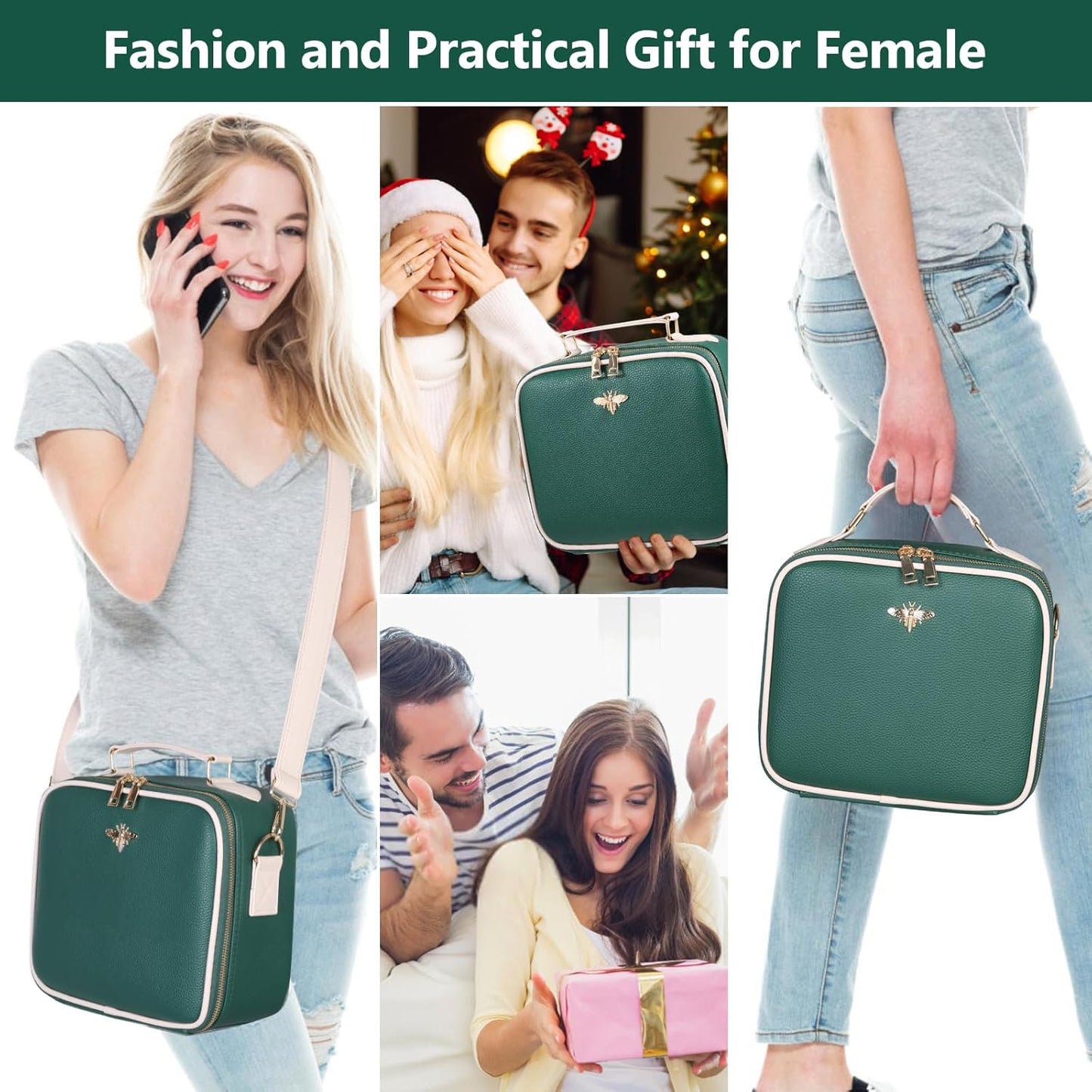 Travel Makeup Bag with Mirror of LED Lighted, Rechargeable Cosmetic Train Case Artist Makeup Organizer for Women with Adjustable Dividers, Makeup Brushes Holder and Strap (Green)