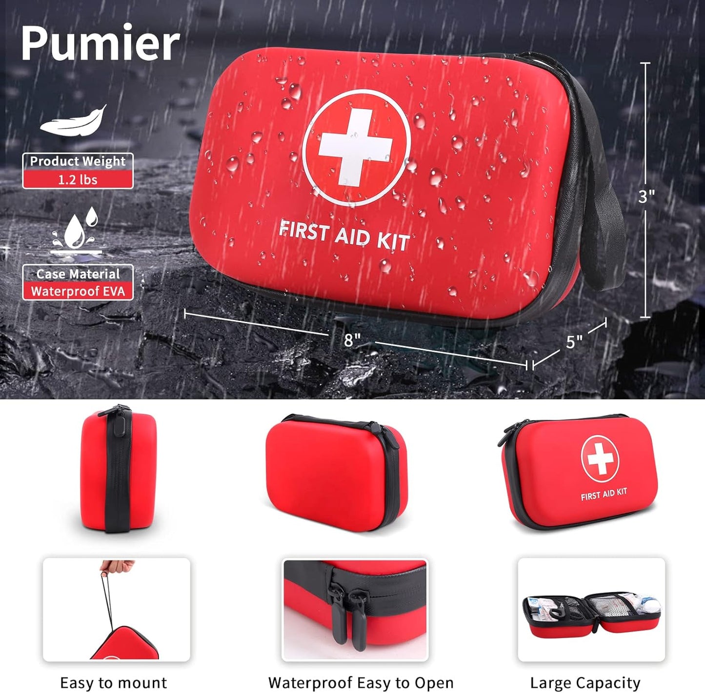 First-Aid-Kit-for-Car-Home-Travel-Camping-Businesses, Compact Waterproof Hard Case, Public Emergency Medical Kits - Perfect for Survival, Vehicle, Boat, Sports, Hiking, Office, Dorm (PUMIER)