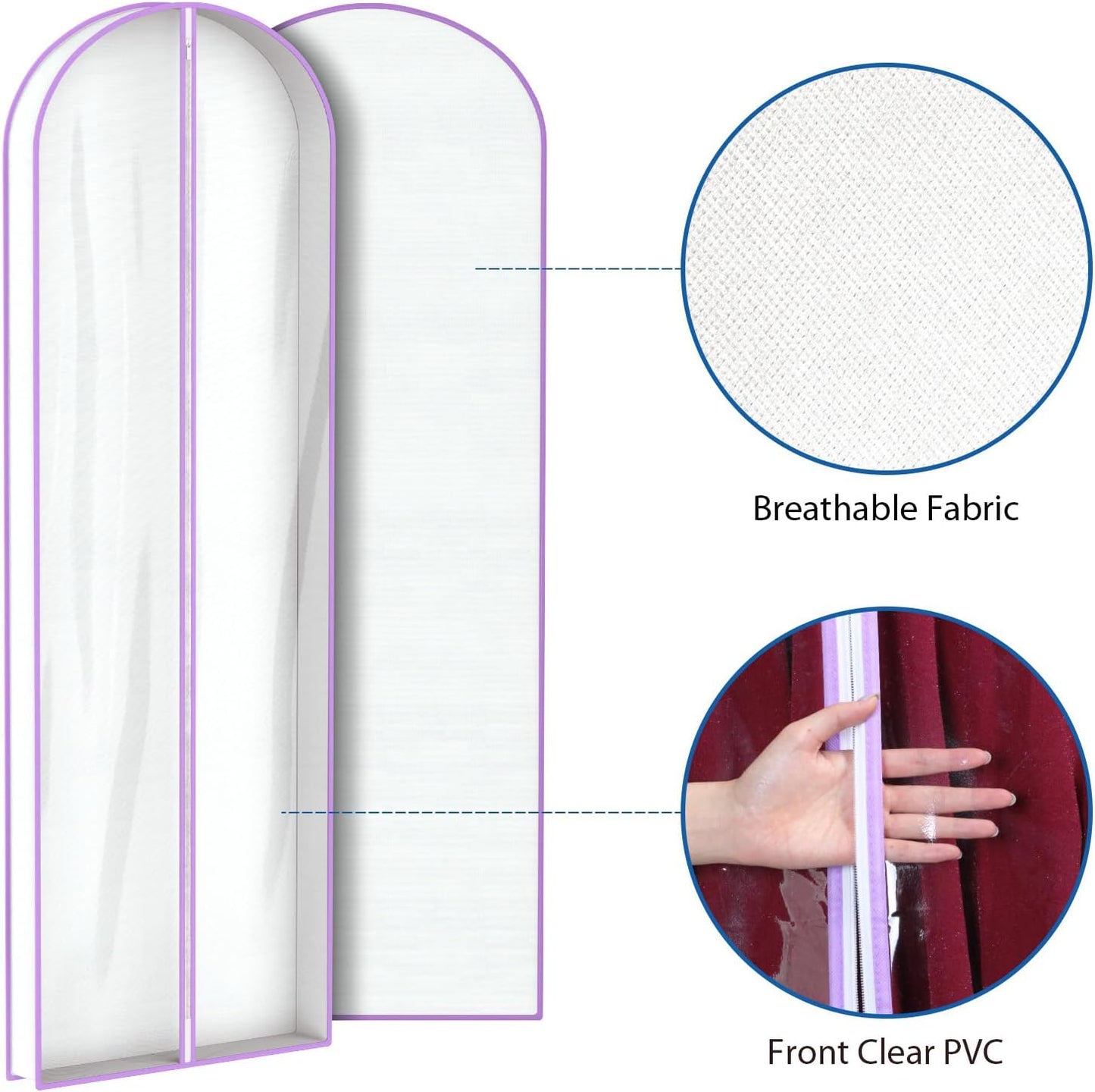Zilink Breathable Dress Bags for Gowns 72" Clear Wedding Dress Garment Bag Dress Bags for Hanging Clothes with 4" Gussted for Long Evening Dresses, Fur Coat, Long garment Bags for Gowns, Set of 2