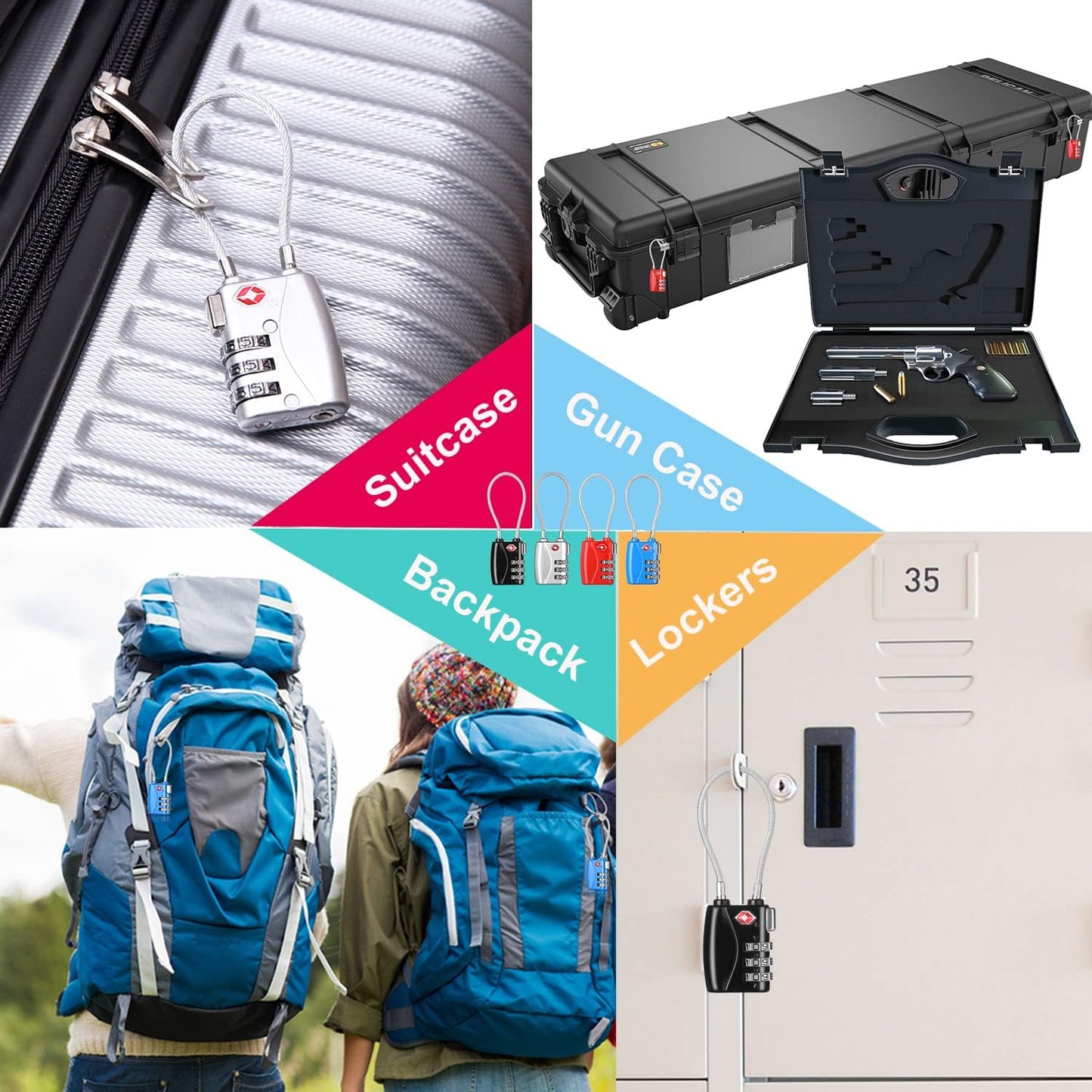 ZHEGE TSA Luggage Locks 4 Pack Travel Padlocks for Suitcase, Baggage, Backpack, Pistol Case (Black)