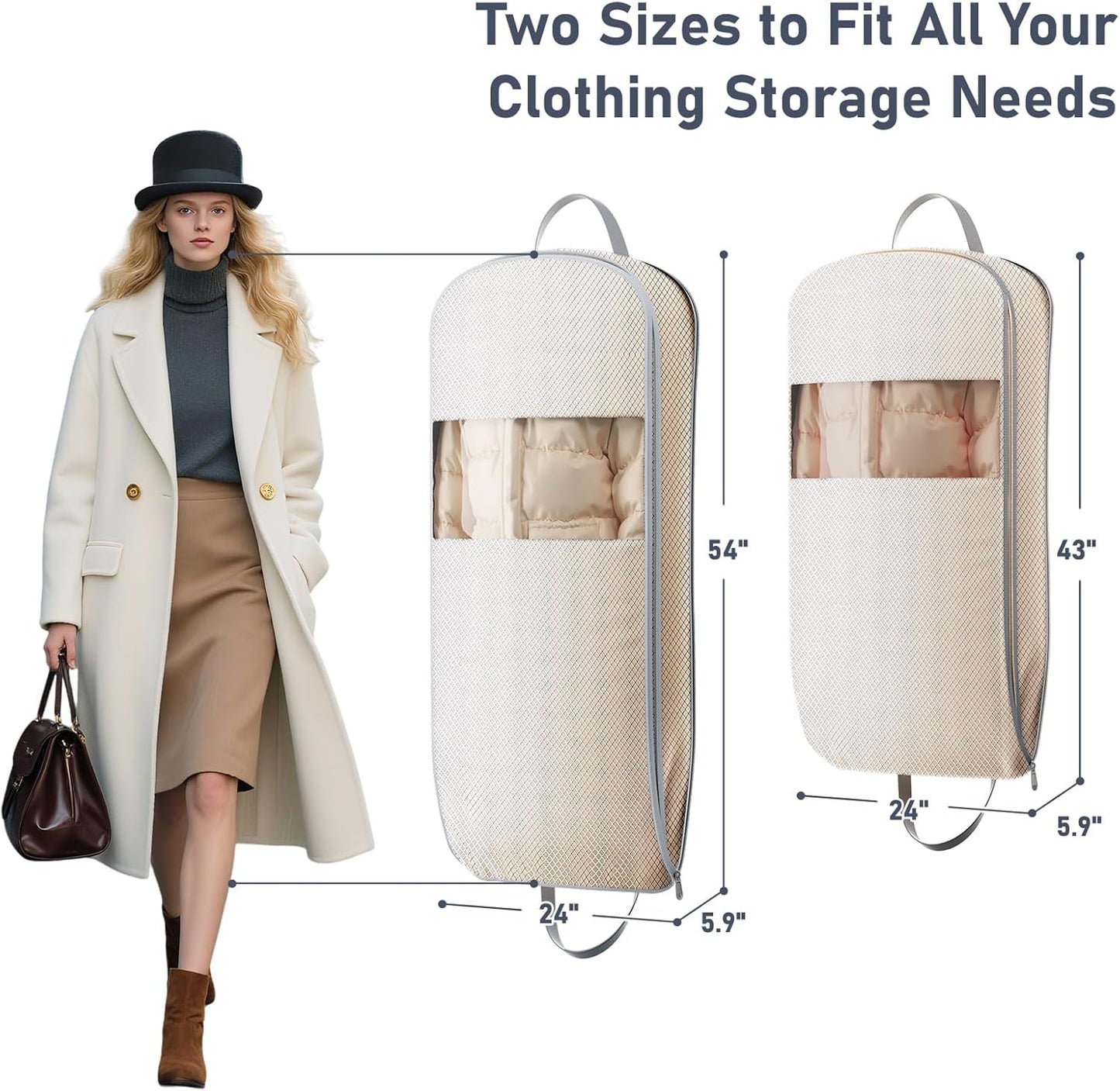 DIMJ 2 Pack 43" Space Saving Garment Bags for Hanging Clothes With Compression Zipper Carry Handles and Window, Washable Suit Bag for Dress, Clothes, Coats, Down Jacket, Closet, Moving, Travel