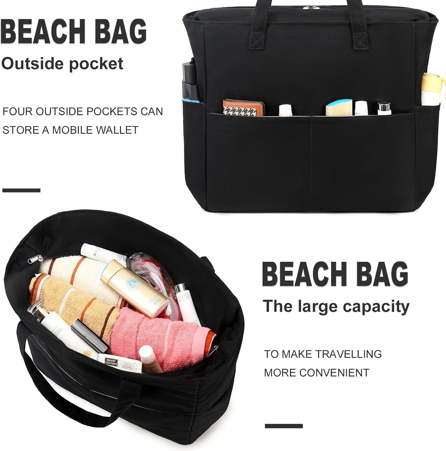 LEDAOU Beach Bag Waterproof Sandproof Women Tote Bag Pool Bag with Zipper for Gym Grocery Travel with Wet Pocket