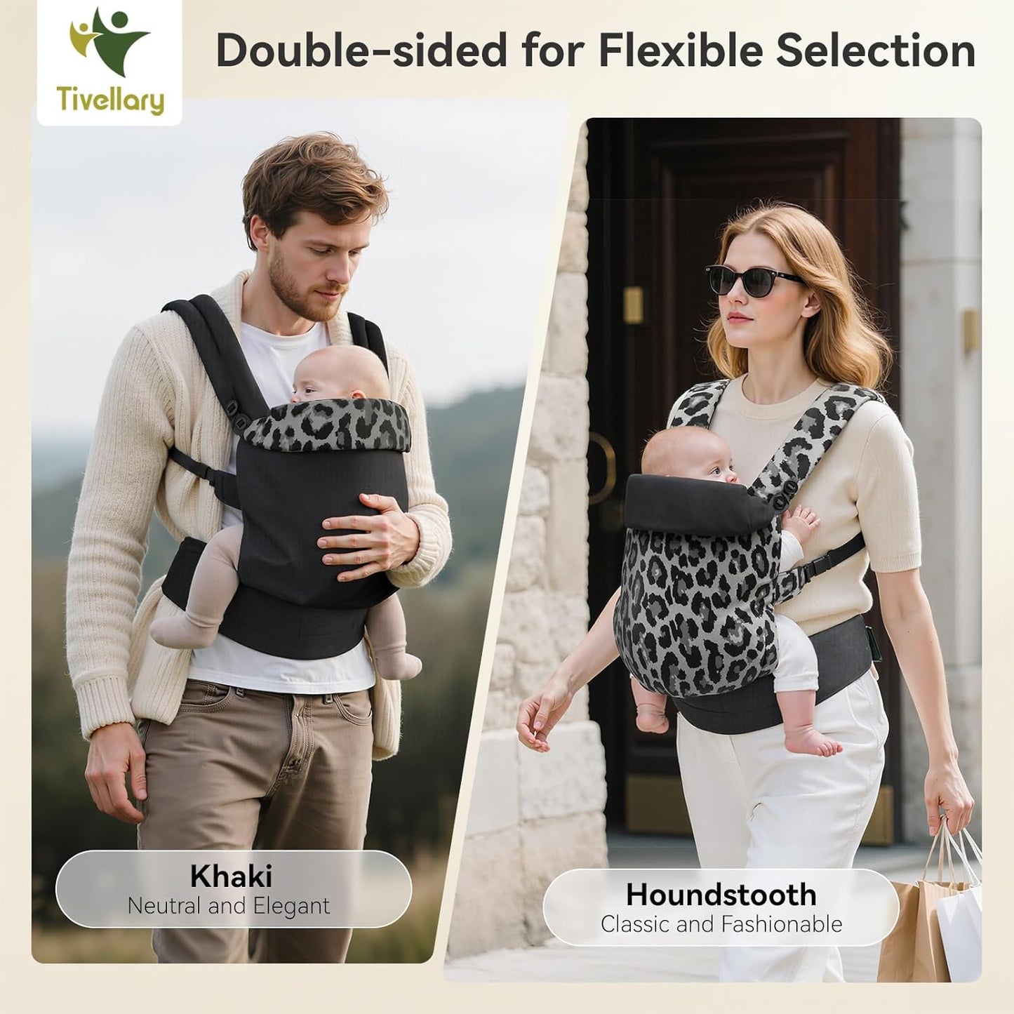 Reversible Baby Carrier – Black Solid & Leopard Print; Lightweight & Breathable Lyocell Fabric; Ergonomic Lumbar Support and Quick Hands-Free Wear for Newborn to Toddler (7–44 lbs)