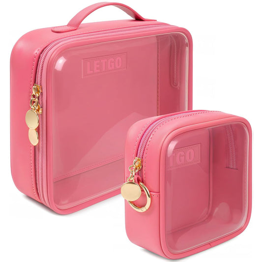 2 Pack Clear Toiletry Bag, Portable Travel Makeup Pouch with Zipper, TSA Approved Organizer, PVC Cosmetic for Airport Airline Compliant(Large+Mini Rose)
