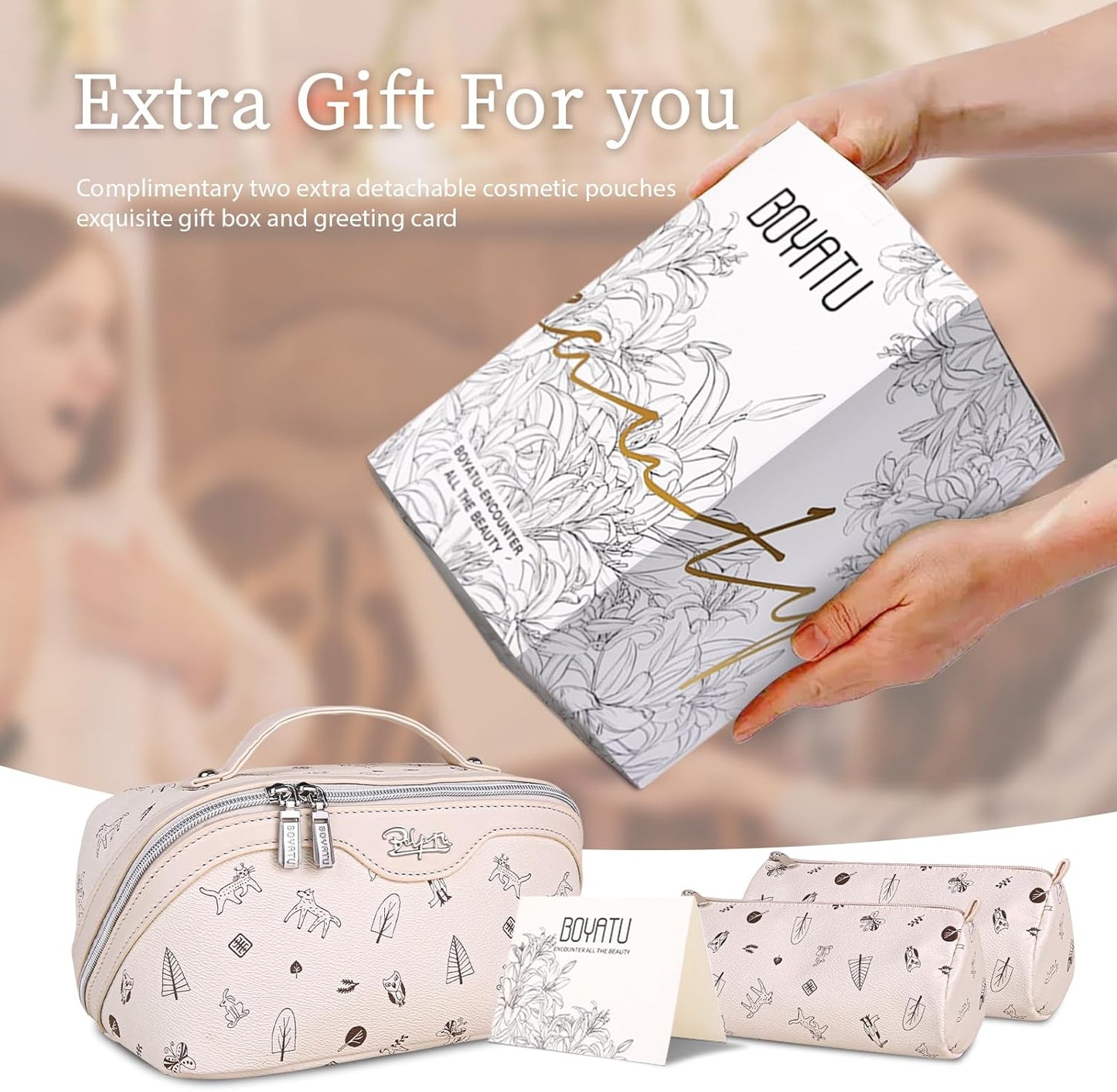 BOYATU Travel Makeup Bag Cosmetic Bags for Women: 3 Pcs Set Portable Make up Bag with Handle - Vegan Leather Toiletry Bags with Compartments - Makeup Organizer for Travel Essentials(04-white)