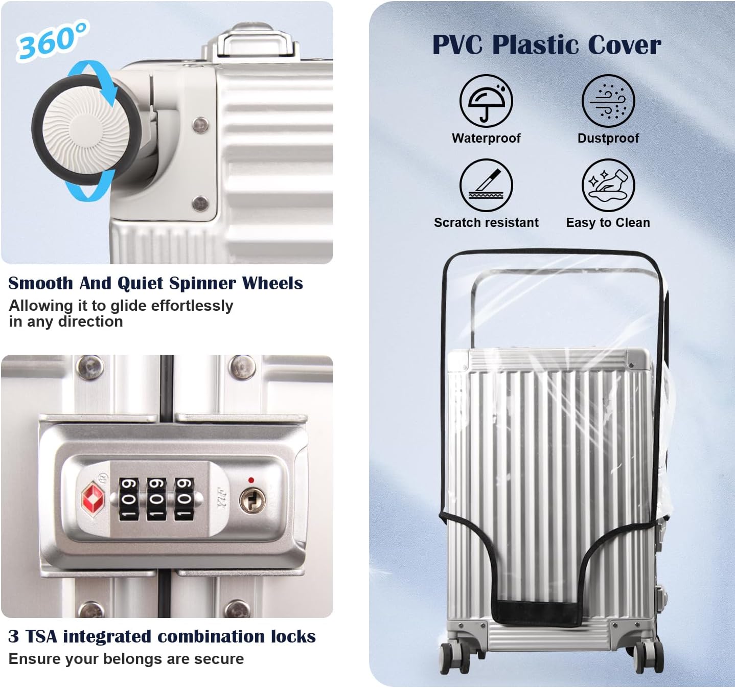 DOMINOX All Aluminum Carry On Luggage Hard Shell Luggage Aluminum Suitcase for Travel Zipperless Luggage Checked Luggage with Silent 360° Spinner Wheels 26 In. (Vertical Grain Style, Sliver)