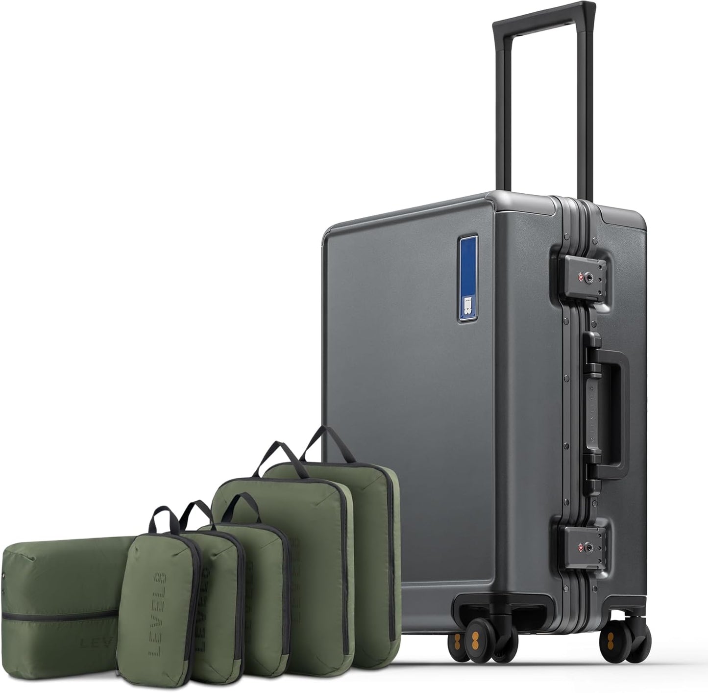LEVEL8 Zipperless Carry On Luggage Airline Approved with Aluminum Frame, Hard Shell Suitcase with Spinner Wheels, Metal Checked Luggage with Packing Organizers, 20 Inch, Grey