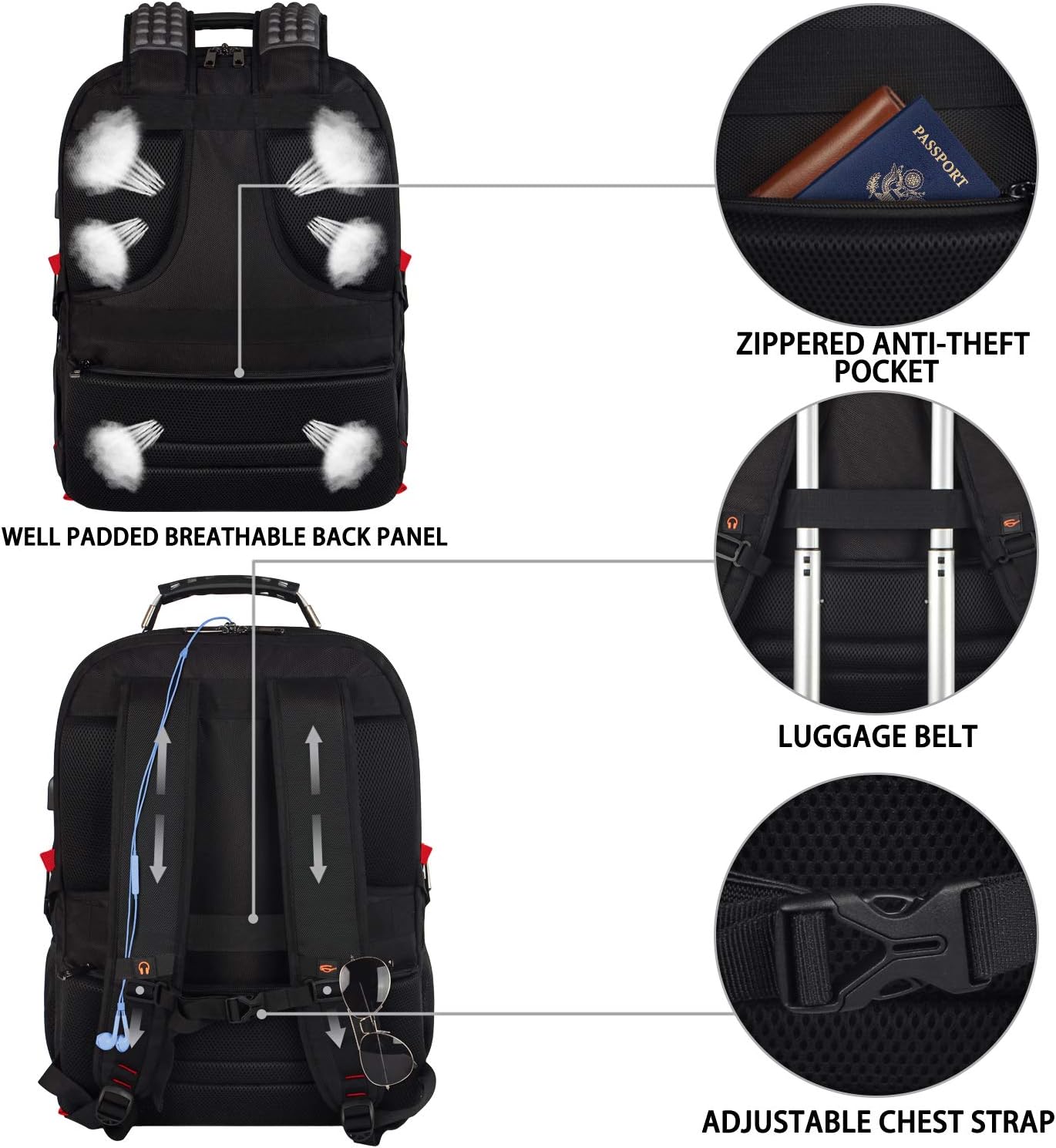 Laptop Backpack, Red, 55L Capacity, TSA Approved, RFID Anti-Theft, USB Charging Port, Headphone Hole, Back Luggage Strap, Chest Strap, Laptop Backpack