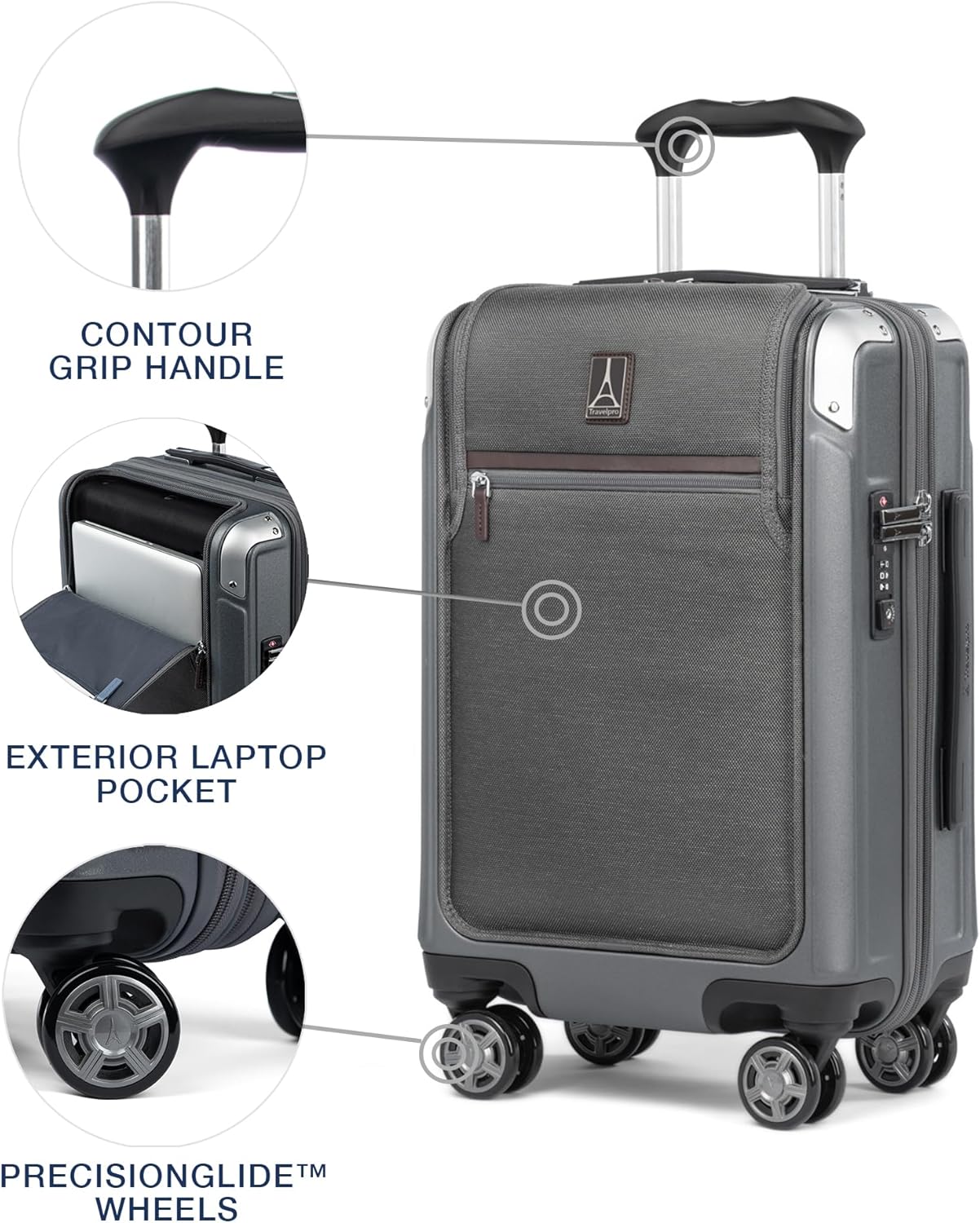 Travelpro Platinum Elite Hardside Expandable Carry on Luggage, 8 Wheel Spinner, TSA Lock, Hard Shell Polycarbonate Suitcase, Vintage Grey, Compact Carry on Laptop Pocket 20-Inch