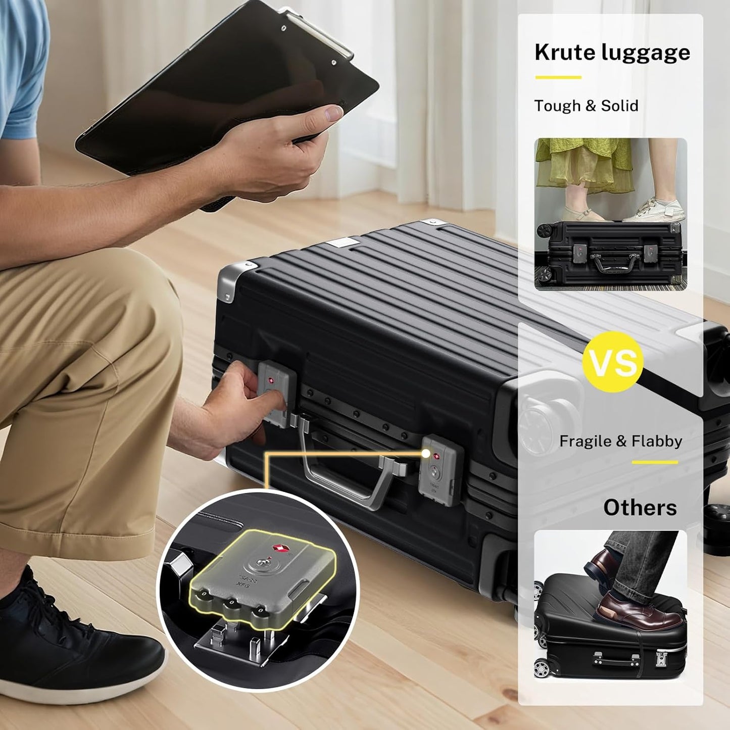 Krute Checked Aluminum Frame Suitcase 24 Inch Zipperless Luggages Hardside PC Luggage With Spinner Wheels TSA Lock USB Charger Suitcases(1 Piece)