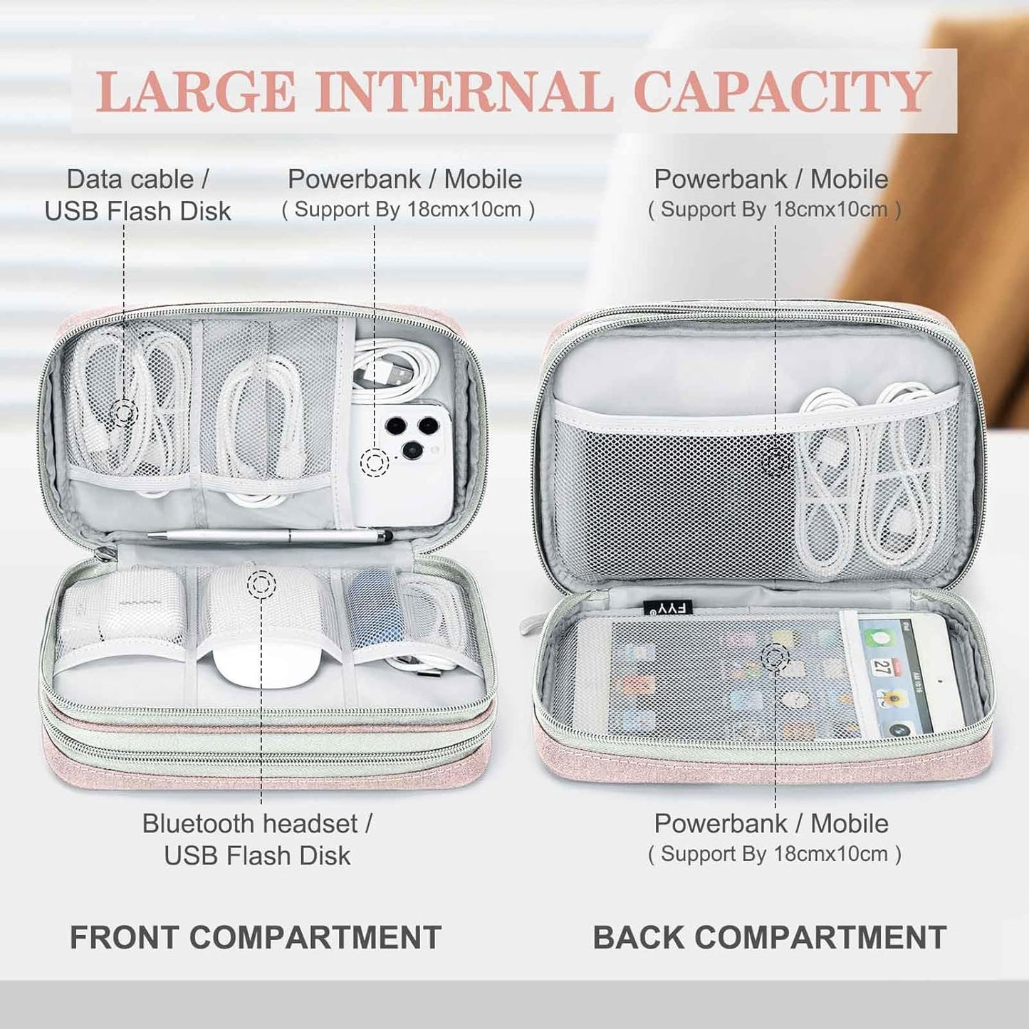 FYY Electronic Organizer, Large Travel Cable Organizer Bag Pouch Electronic Accessories Carry Case Portable Waterproof Double Layers All-in-One Storage Bag for Cable, Cord, Charger, Phone, Light Pink
