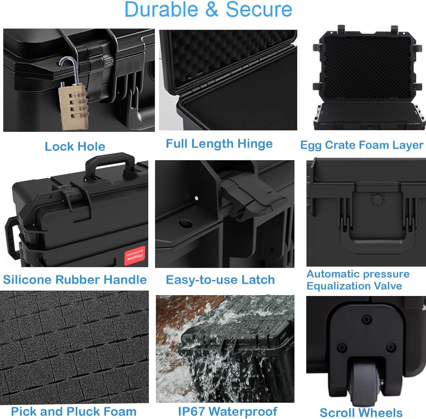 Waterproof Hard Case,27 x 20 x 13 Inch, Equipment Rolling Hard Case with Foam/Wheels/Retractable Handle for camera, Drone,tool, electronics,Shockproof, TSA Friendly, Inner 21.6"X 14.6"X10.2"