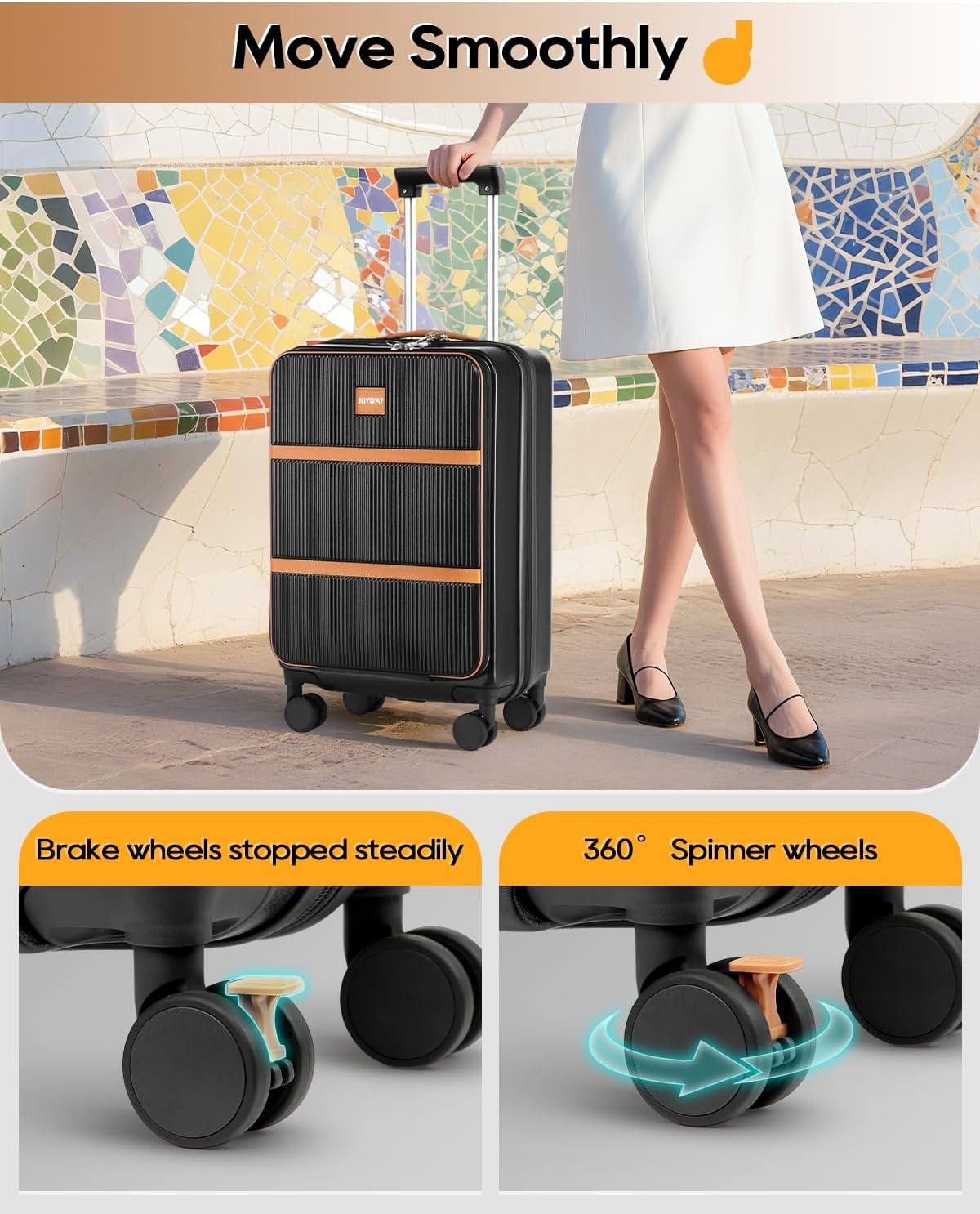 Joyway Carry on Luggage Airline Approved with Front Pocket, Hardside 20 Inch Travel Luggages with Cup Holder, Carry-on Suitcase with Spinner Wheels for Men and Women (Black, 20 Inch)