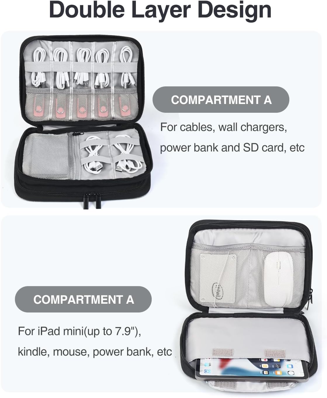 Luxtude Electronics Organizer, Portable Cable Organizer Bag for iPad 7.9'', Double Layer Travel Tech Bag&Cord Storage, Compact Cord Case&Charger Pouch,Electronics Carring Case for Phone/USB