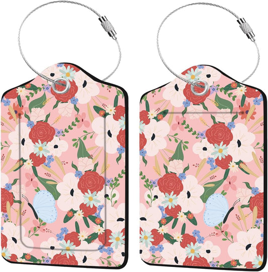2 Pack Floral Luggage Tag for Suitcase, Pink Luggage Tags PU Leather Suitcase Tags Identifiers Stainless Steel Loop ID Bag Tags Card Baggage Bag Label