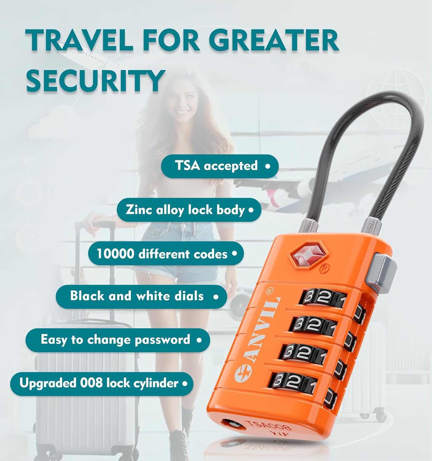 ANVIL 4 Digit Luggage Locks, TSA Locks for Luggage, Advanced TSA008 core, Alert Indicator for Your Travel Lock, Suitcase Lock. (3, Orange)