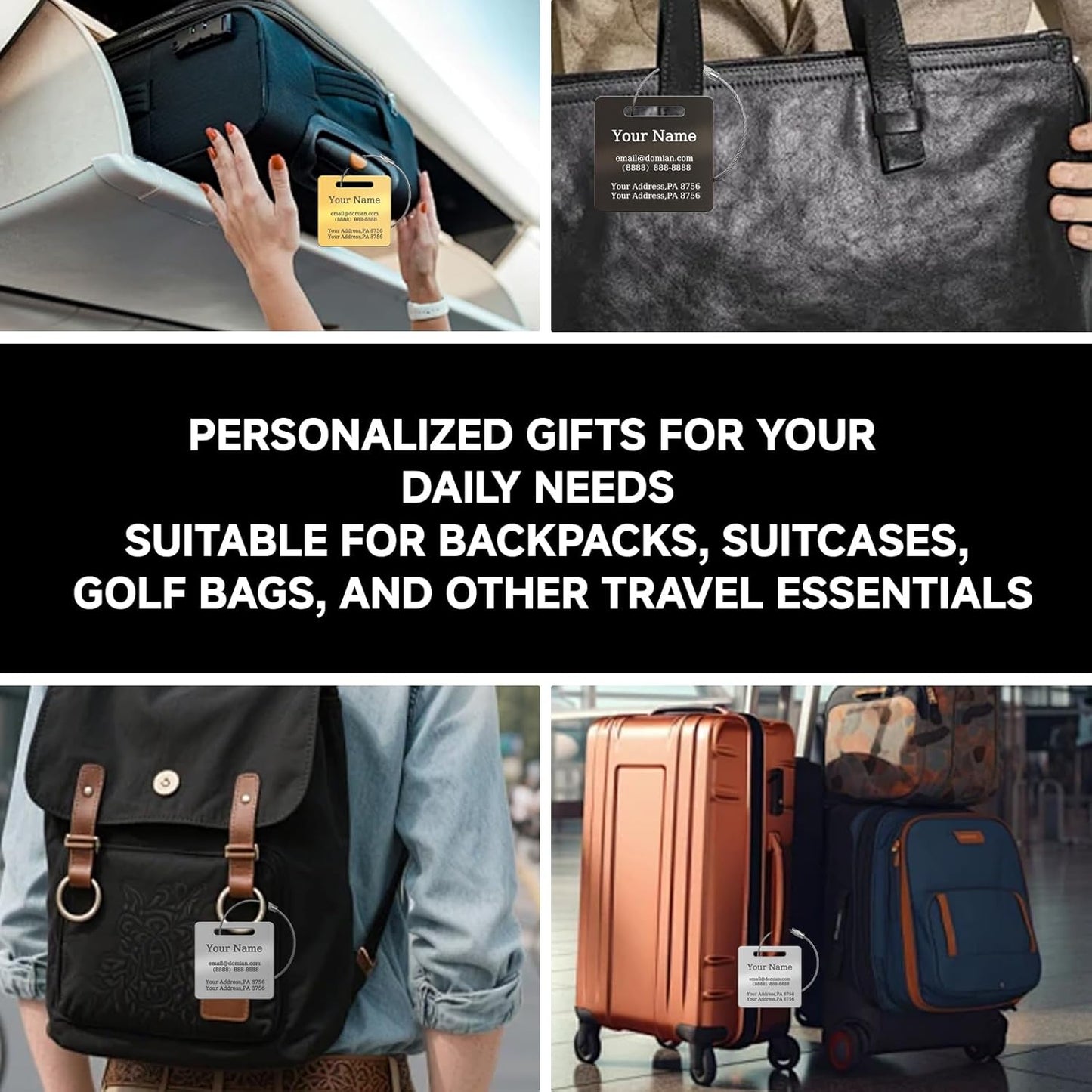 （2-Pack） Stainless Steel Custom Luggage Tags - Laser Engraved Personalized Travel Tags - Custom Name Identification Tags: for Suitcases, Backpacks, Bags and More (Black)