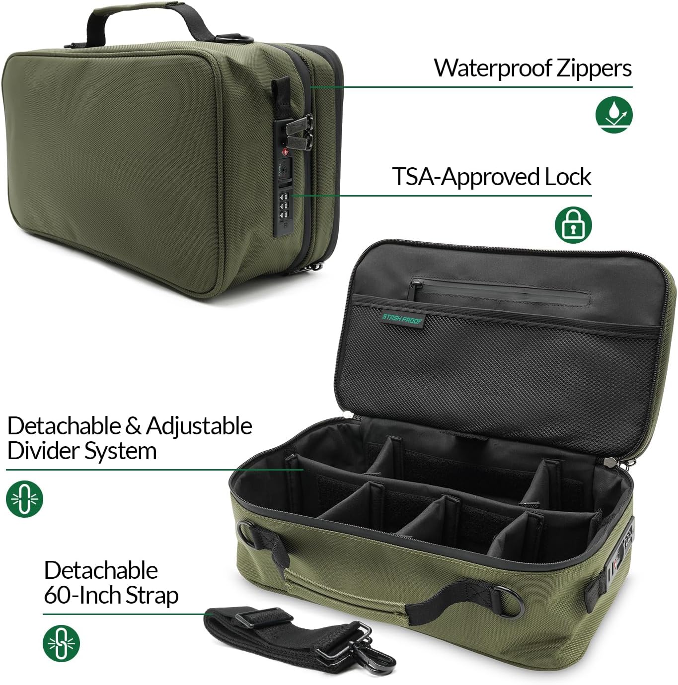 Large Storage Case with TSA Combination Lock Bag, Portable Carbon Lined, XL Medicine Lockable Box for Travel & Home Secured Box Organizer Divider Jars Accessories, Removable Tray (Green)
