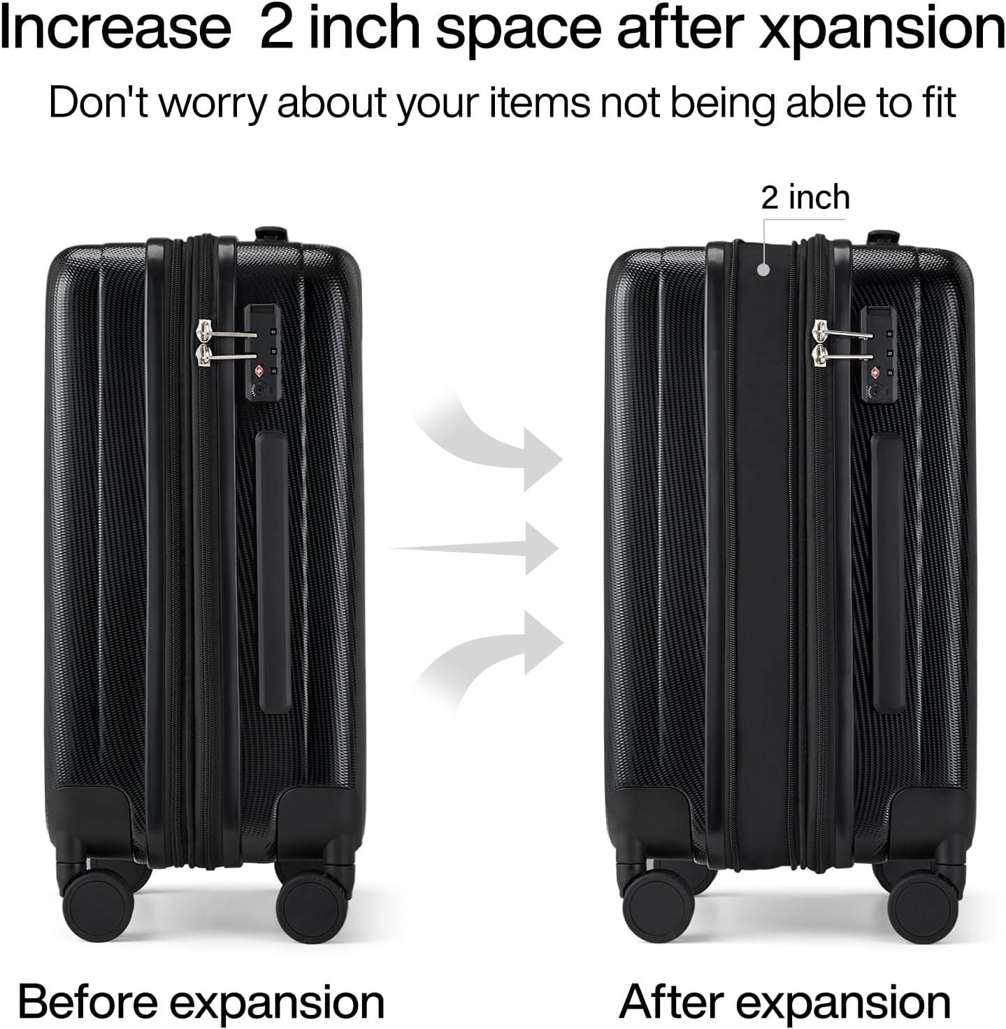 Hanke 24 Inch Expandable Checked Luggage Lightweight PC Hard Shell luggage Suitcases with Wheels Travel Luggage Rolling Large Suitcase Travel Luggage Bag for Go To University.(Jet Black)