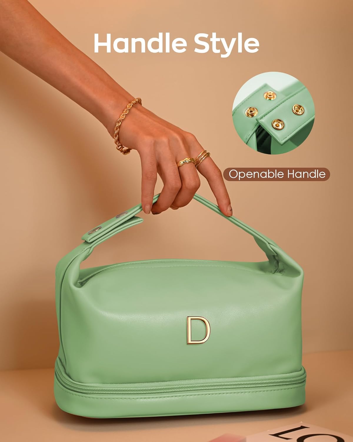 Women Gifts, Personalized Makeup Bag with Handle, Initial Double Layer Cosmetic Bag with Makeup Brush Organizer, Cute Cosmetic Pouch for Women, Gifts for Friends Female Mom