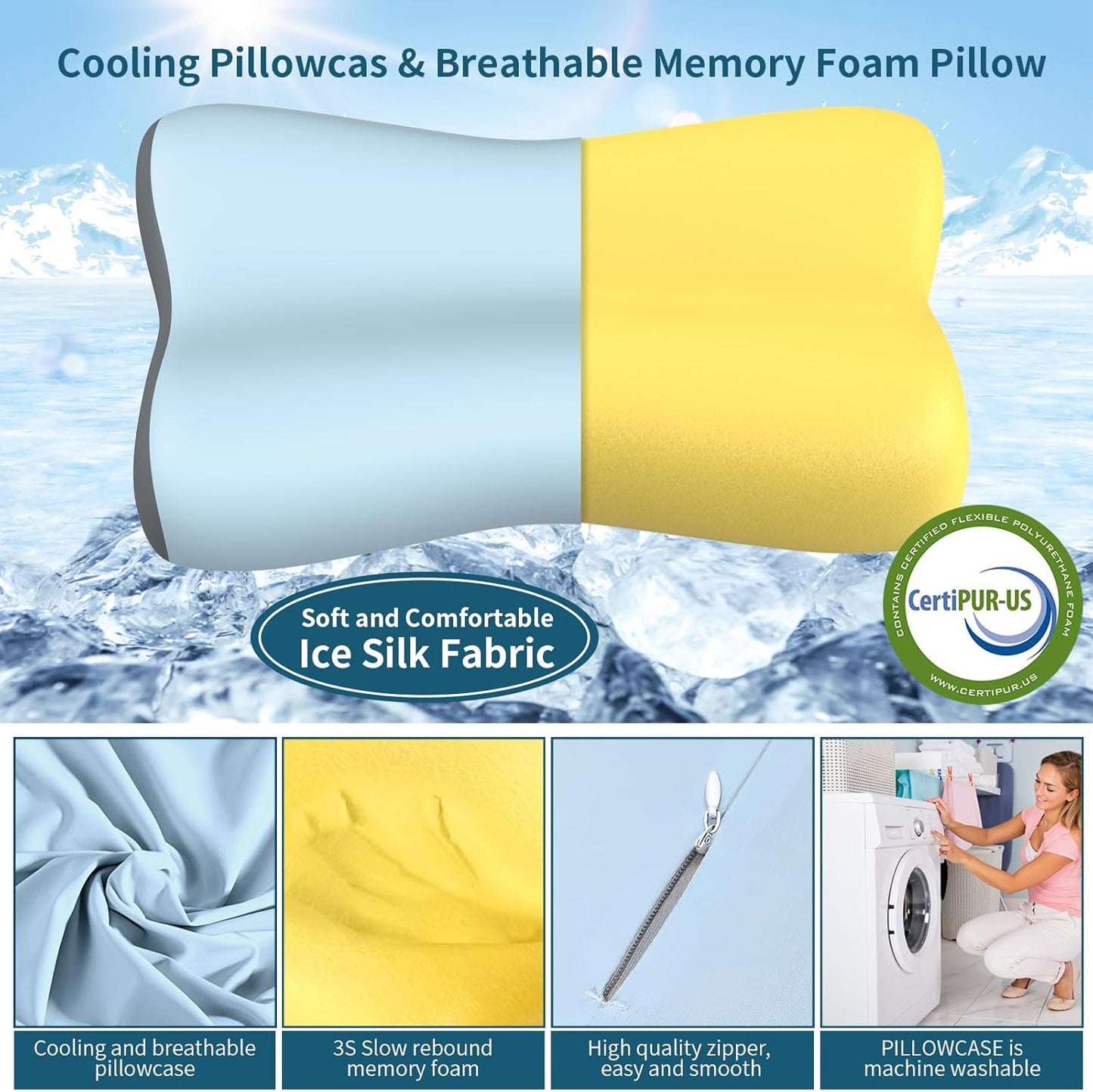 Cervical Neck Pillow, Contour Memory Foam Pillows for Neck Pain Relief, Ergonomic Pillow for Sleeping, Orthopedic Bed Pillow Neck Support Pillow for Side Back Stomach Sleepers with Cooling Pillowcase