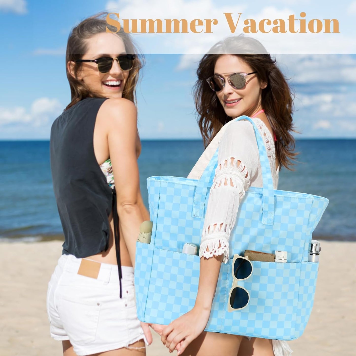 LEDAOU Beach Bag Waterproof Sandproof Women Tote Bag Pool Bag with Zipper for Gym Grocery Travel with Wet Pocket