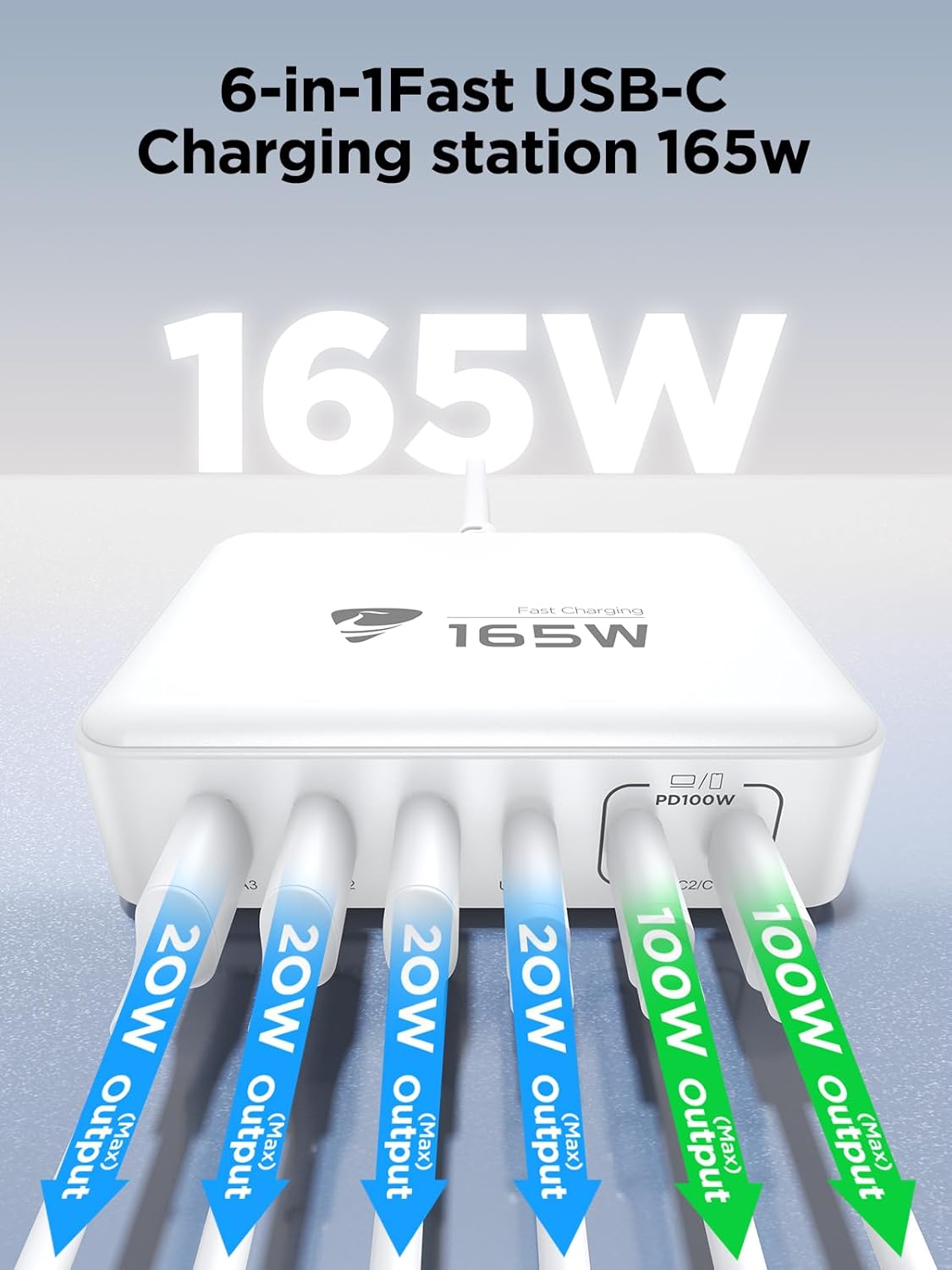 165W USB C Charger Block, 6 Port Multi USB-C Charging Station,100W PD Fast USBC Gan Charger Station Hub Dock for Multiple Devices, Laptop Type C Charge for MacBook/iPhone 16/iPad/Galaxy S25(5FT Cord)
