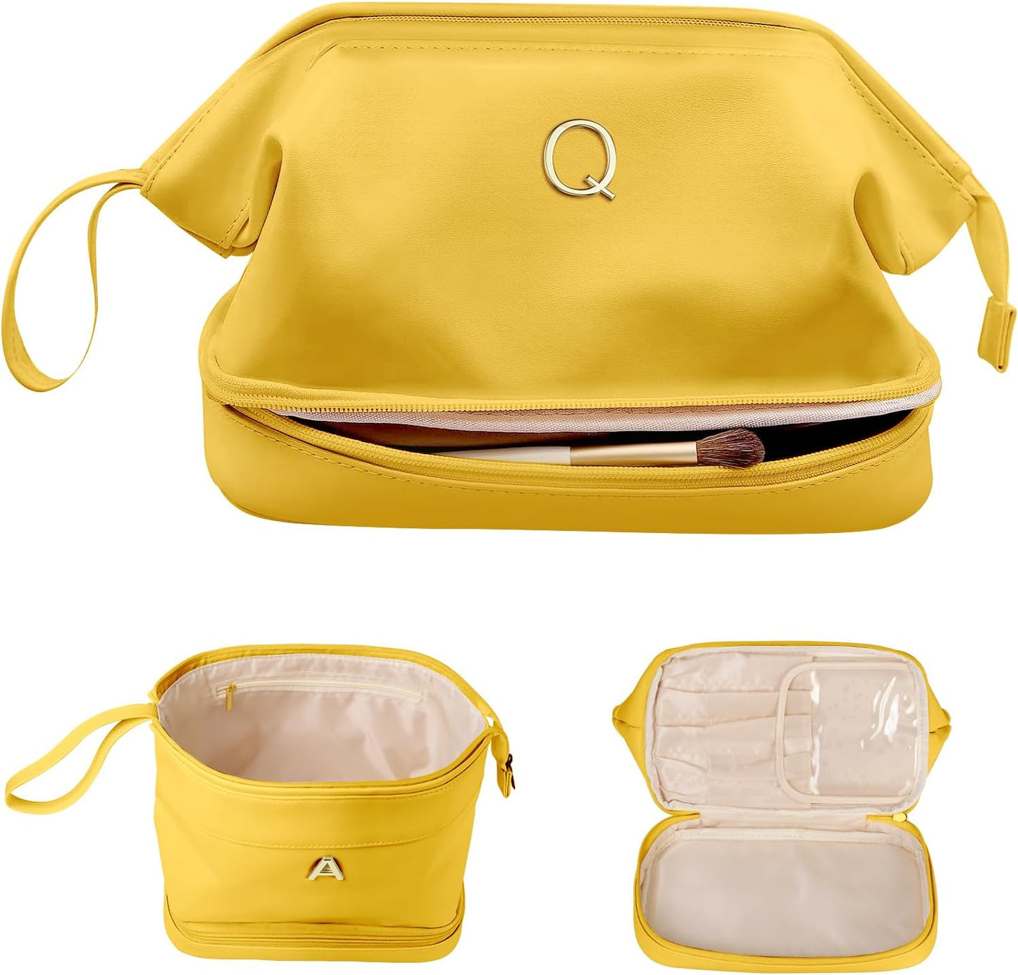 Womens Gifts, Initial Makeup Bag, Travel Gifts, Personalized Bags, Waterproof Double Layer Cosmetic Bag, Large Capacity PU Leather Makeup Bags Letter Travel Toiletry Bag, Friend Gifts