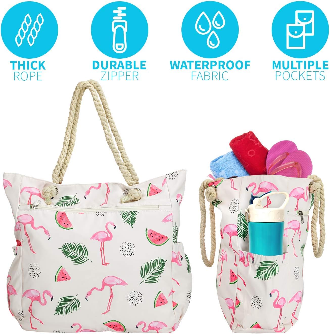 Beach Bag Spacious Shoulder Tote Travel & Gym Bag w/Multiple Pockets & Strong Zipper