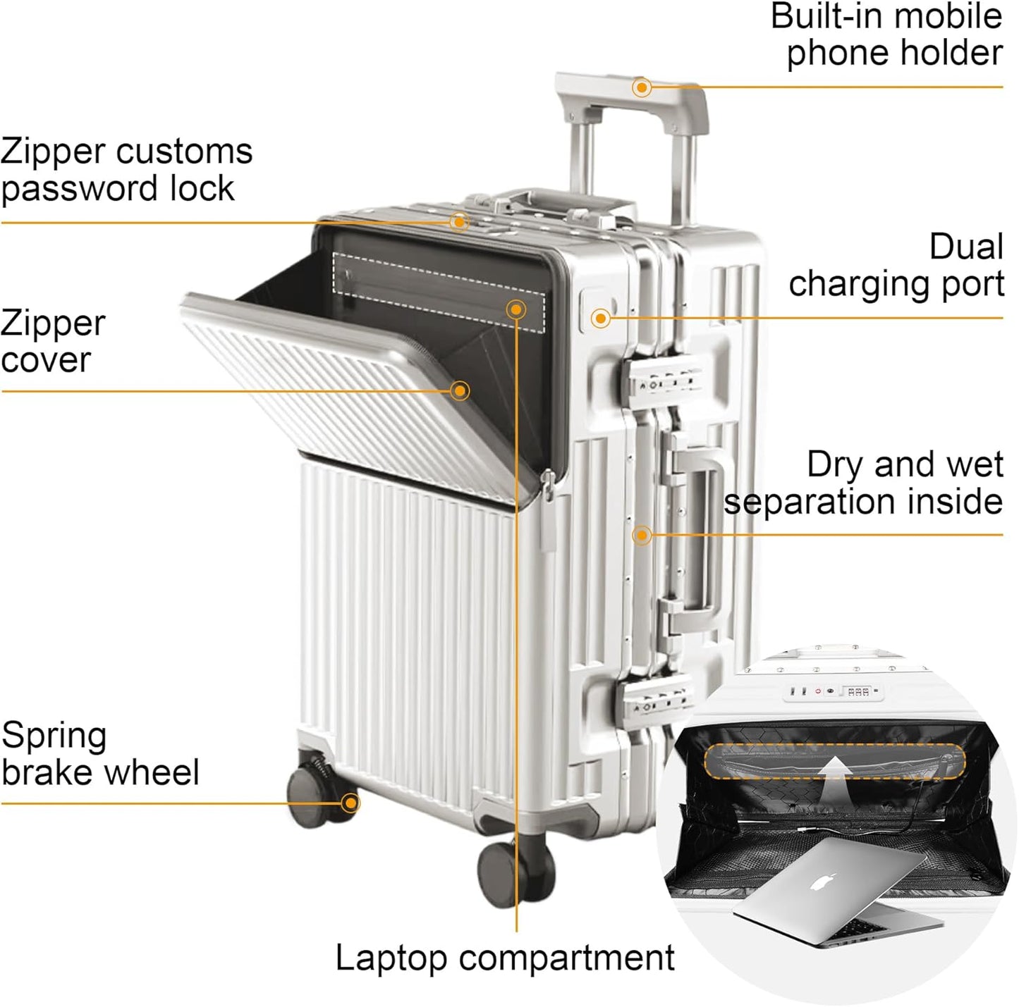 2-Piece Hardshell Zipperless Luggage Set, 20/26" Aluminum Frame Hardshell Spinner Luggage, Airline Approved Carry-On Luggage, TSA Lock, 360° Quiet Wheels With Cup Holder (White)