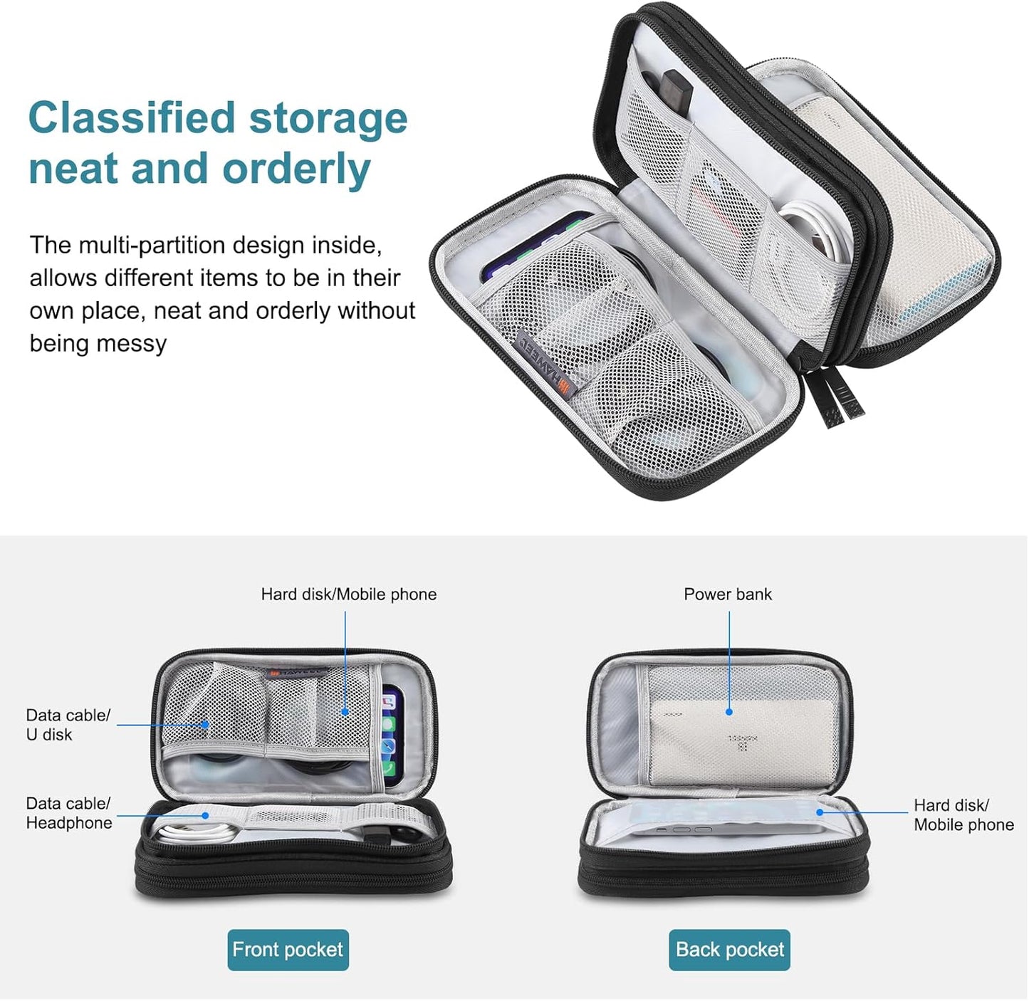 Electronic Accessories Organizer Carry Bag, Travel Cable Organizer Pouch, Portable Waterproof Double Layers All-in-One Storage Bag for Cord, Charger, Earphones, U Disk, USB Cable (M)