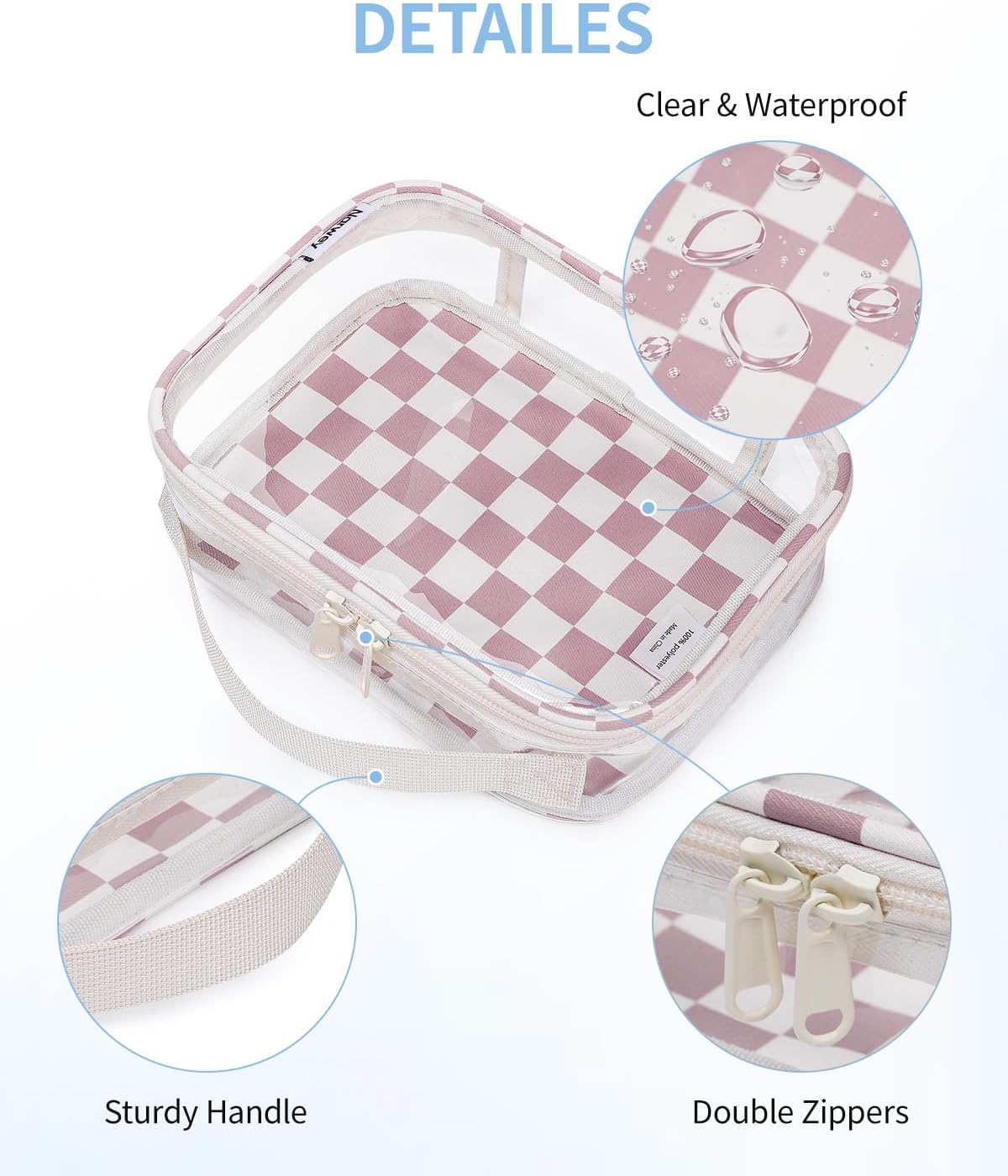 Narwey TSA Approved Clear Toiletry Bag for Travel, Waterproof PVC Clear Makeup Bags, Portable Compact Cosmetic Bag Make Up Organizer, Airport Airline Quart Size Compliant Bag (Dusty Pink Checkerboard)