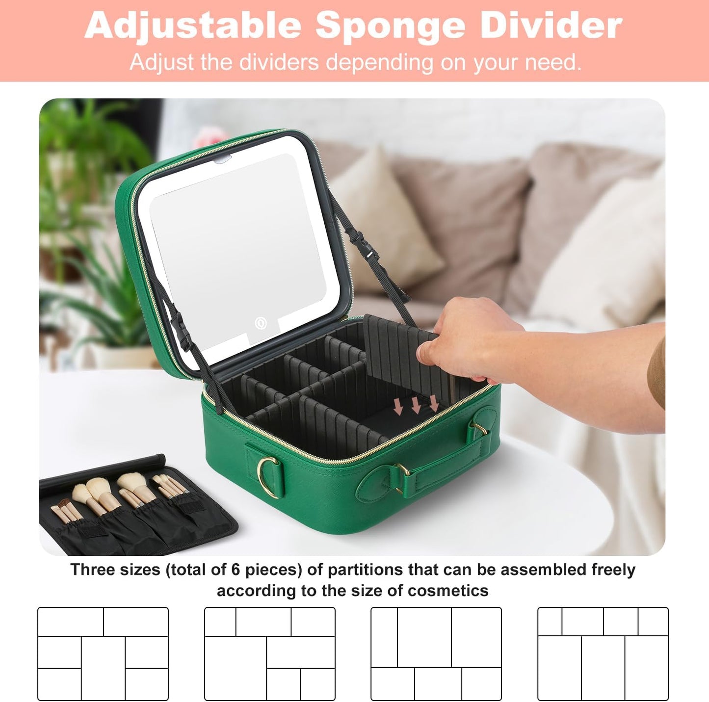 Mocado Travel Makeup Bag with LED Lighted Mirror,Travel Makeup Organizer,Makeup Case with 3 Color Lighted Setting and 10x Magnifying Mirror,Portable Storage and Adjustable Dividers Makeup Box(Green)