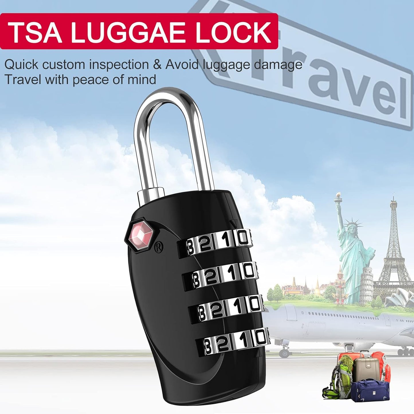 ZHEGE Luggage Locks TSA Approved, Zipper Locks for Suitcase, Backpack, Tent, 4 Digit Small Combination Padlocks for Travel, Gun Case, Gym Lockers (Black, 2 Pack)