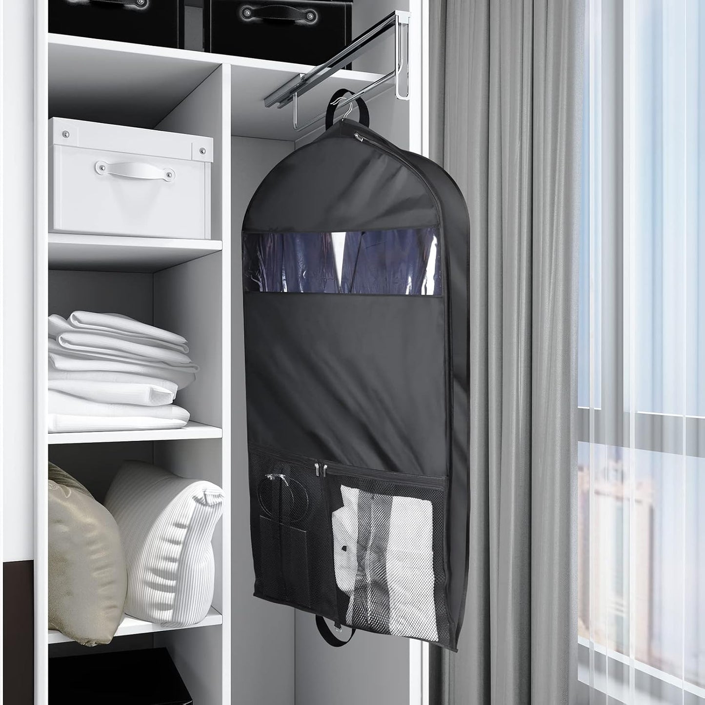 Univivi Garment Bags for Travel and Storage 43" Hanging Suit Bag Clear Suits Cover with Mesh Pockets for Coat, Shirt, Jackets, dresses