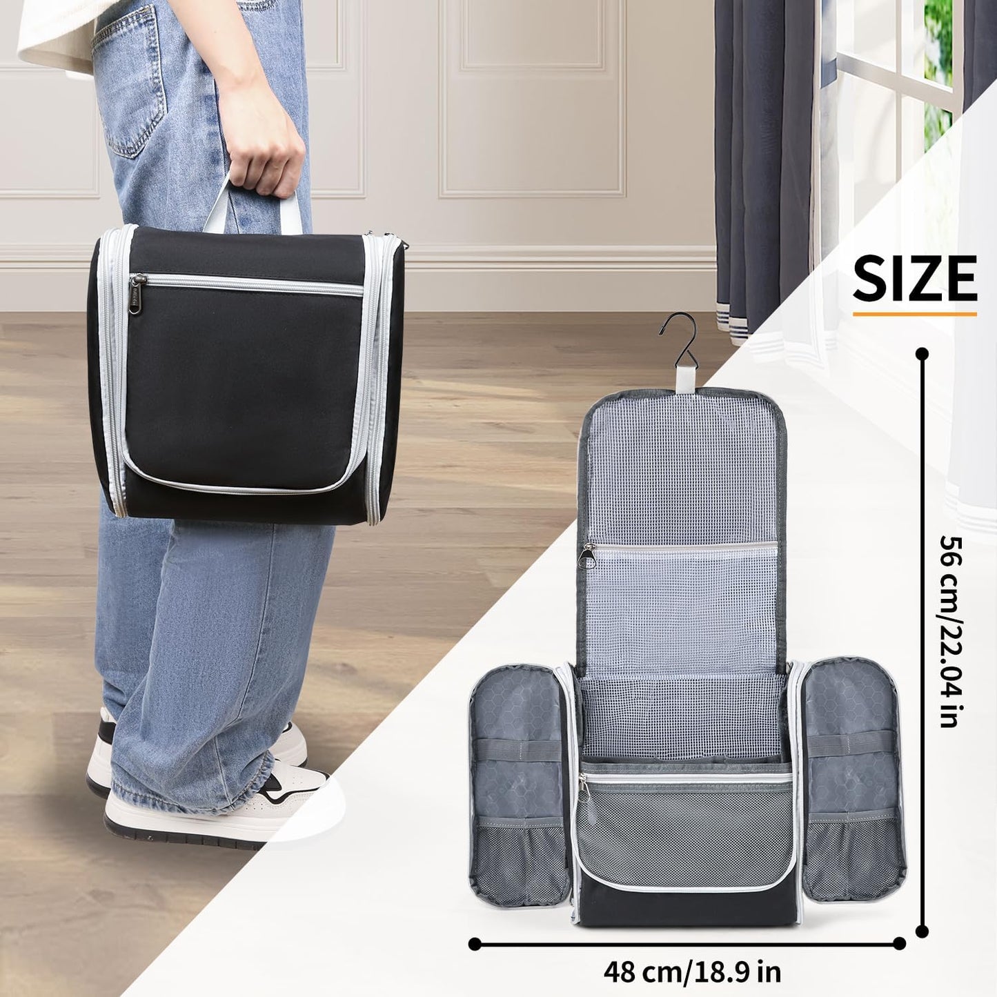 Della Gao Hanging Toiletry Bag for Men and Women, Large Capacity Cosmetics Makeup Bag Toiletries Organizer, Bathroom Bag, Water-Resistant Nylon, Black