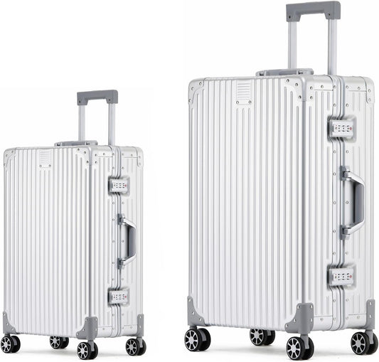 Metal All Aluminum Carry-on Luggage TSA Customs Lock Zipperless Silent Rotary Wheel Business Suitcase Aluminum Frame Set (silvery, 2Piece(20/26))