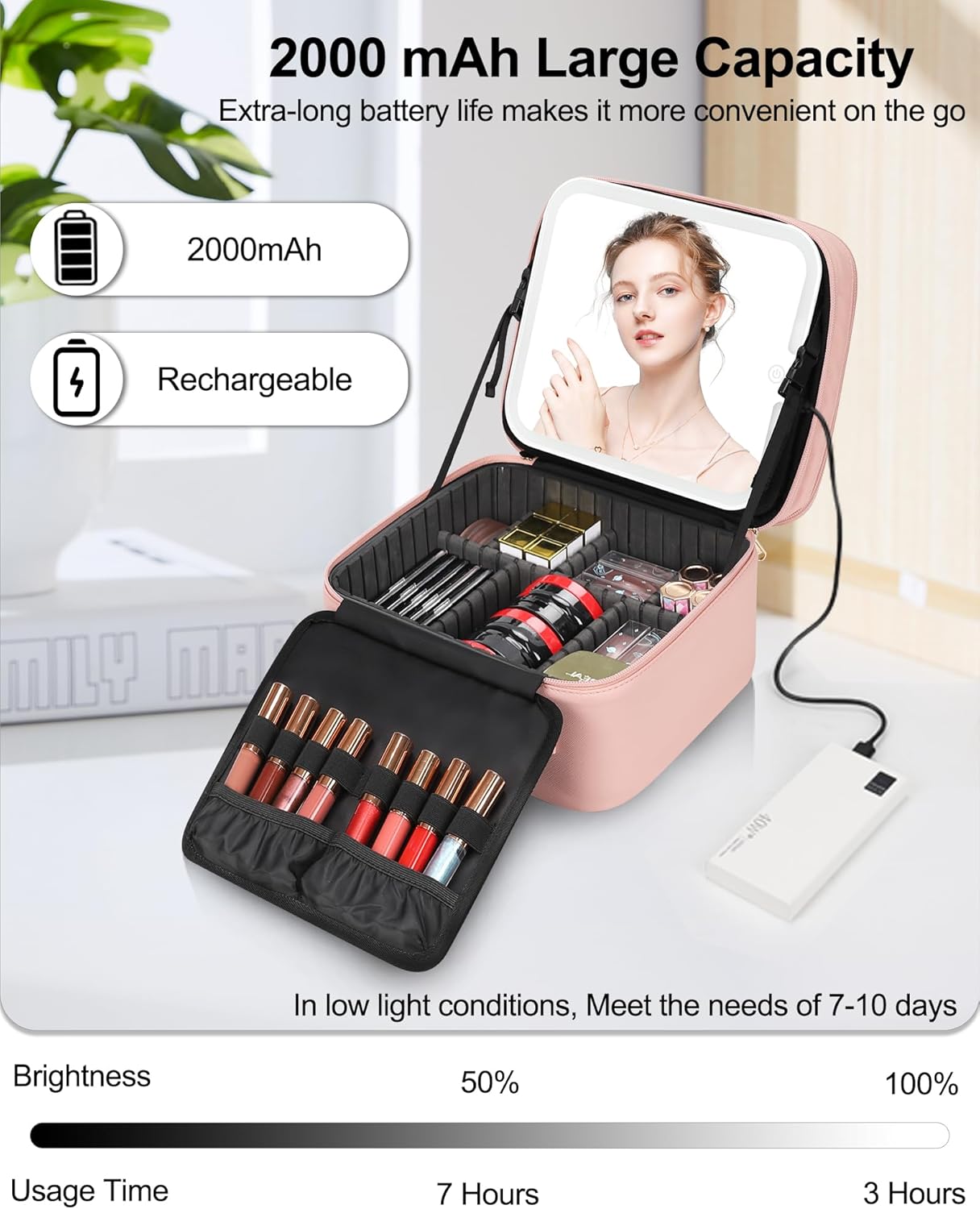 Travel Makeup Bag with LED Mirror Double Layer Makeup Case with Lighted Mirror Dual Layer Cosmetic Train Case Portable Artist Organizer Bag with Dividers and Rechargeable Vanity (Pink, Small)