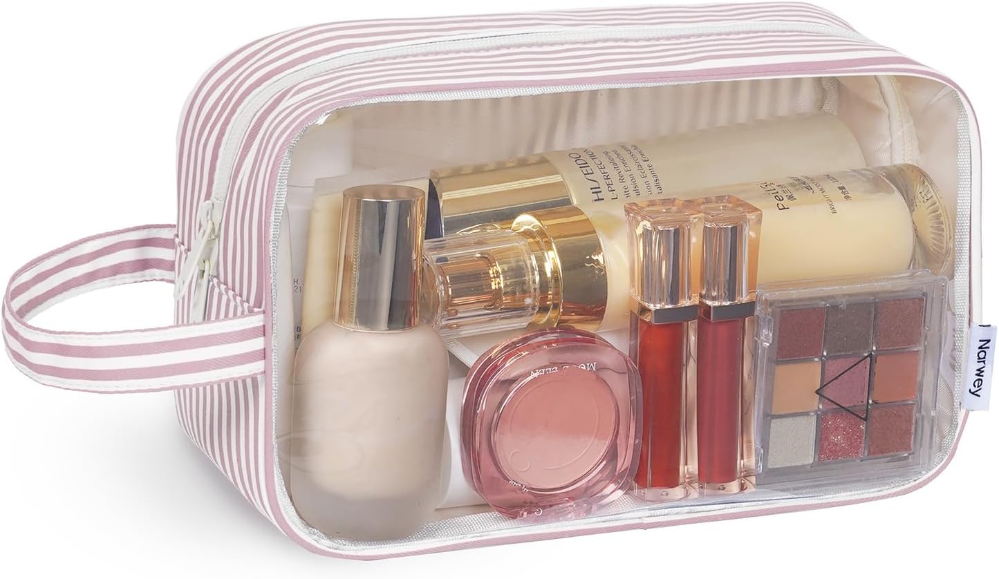 Narwey Clear Toiletry Bags for Traveling Women Men, Clear Travel Bags for Toiletries Makeup Bag Cosmetic Bag with Zipper, Make Up Organizer, Skincare Bag (Dusty Pink Stripe)