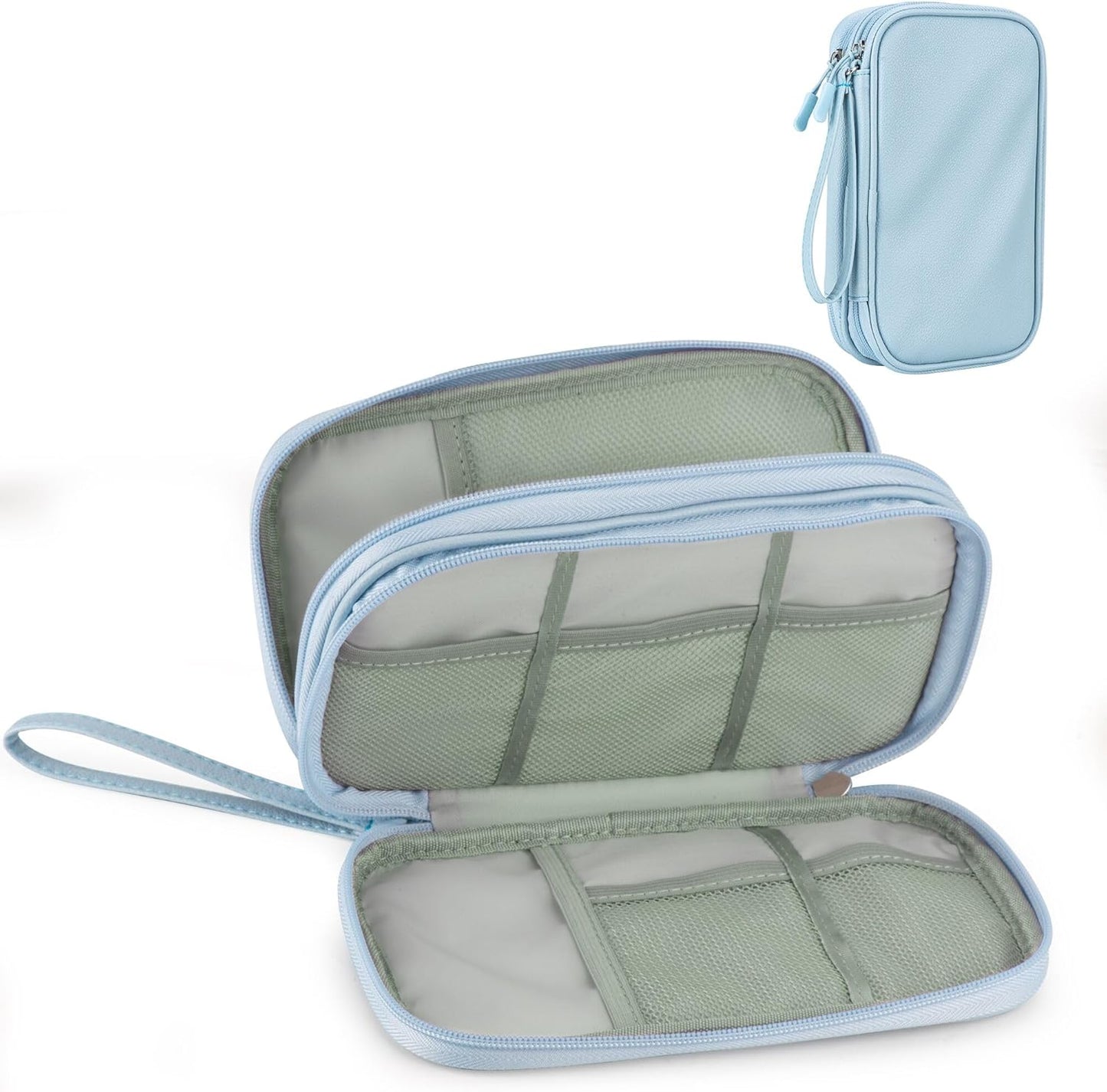 Leather Travel Electronic Organizer - Double Layer, Waterproof Case for Cables, Chargers, Phones & More - Portable, Shockproof Pouch for All Your Electronics Accessories (Light Blue, M)