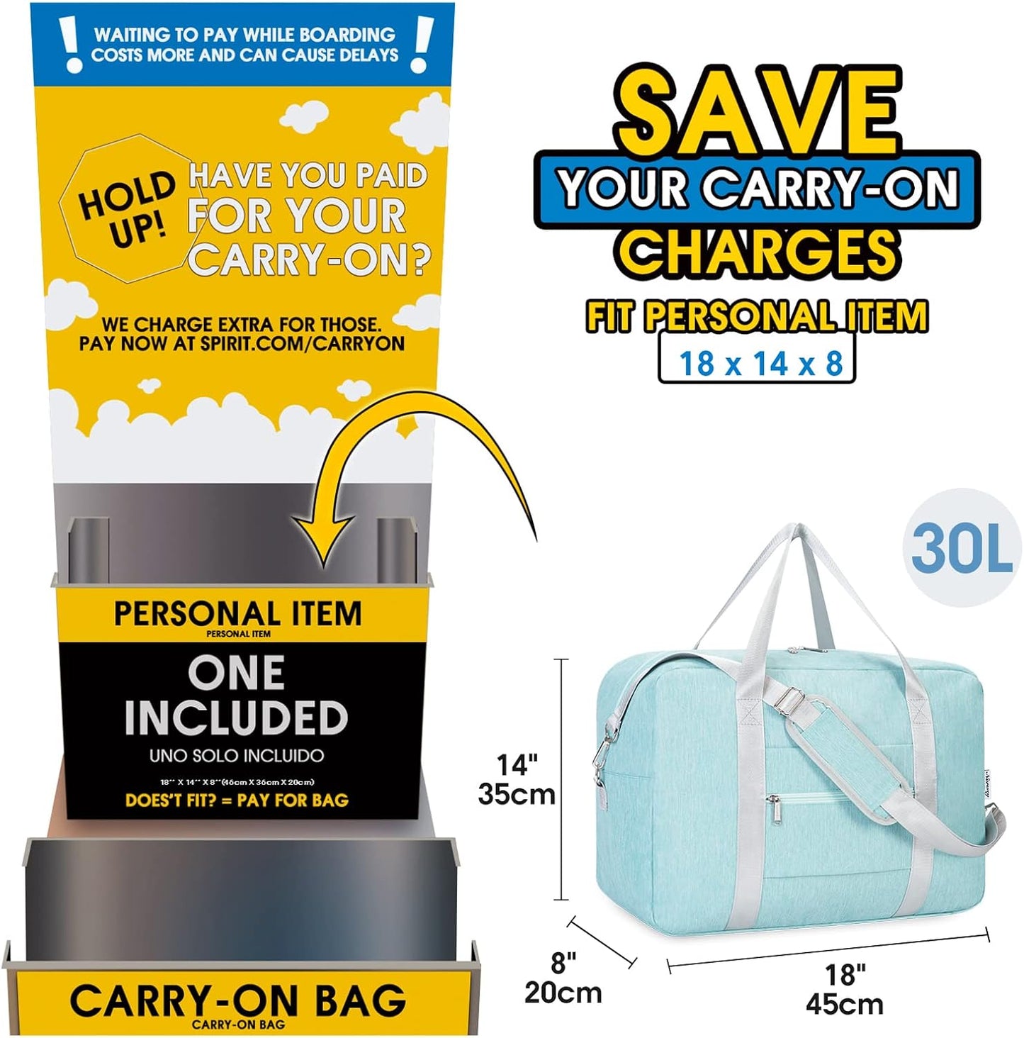 For Spirit Airlines Personal Item Bag 18x14x8 Foldable Travel Duffel Bag Underseat Carry on Luggage for Women (Mint Green)