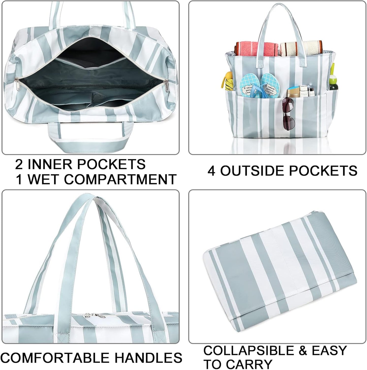 LEDAOU Beach Bag Waterproof Sandproof Women Tote Bag Pool Bag with Zipper for Gym Grocery Travel with Wet Pocket