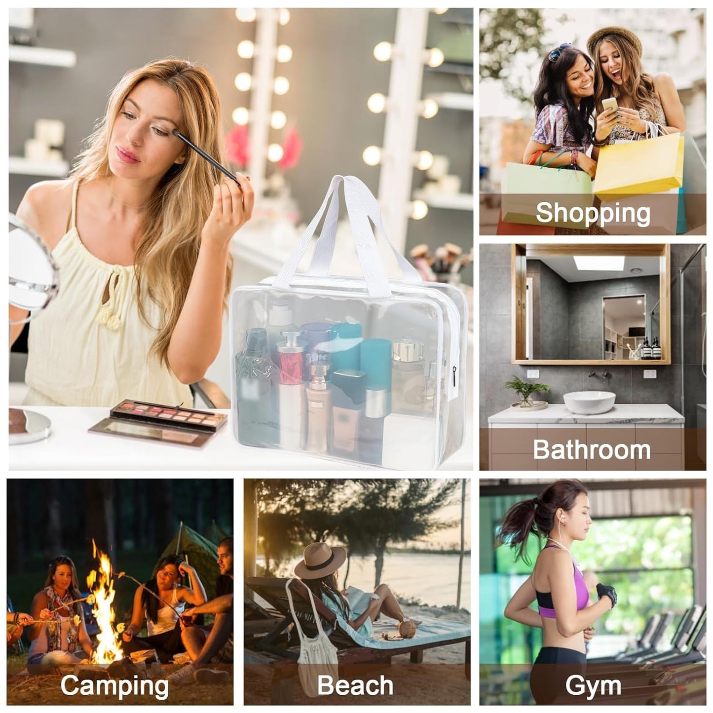 APREUTY Clear Makeup Bags, TSA Approved 6 Pcs Cosmetic Makeup Bags Set Clear PVC with Zipper Handle Portable Travel Luggage Pouch Airport Airline Vacation Organization (Bright White)