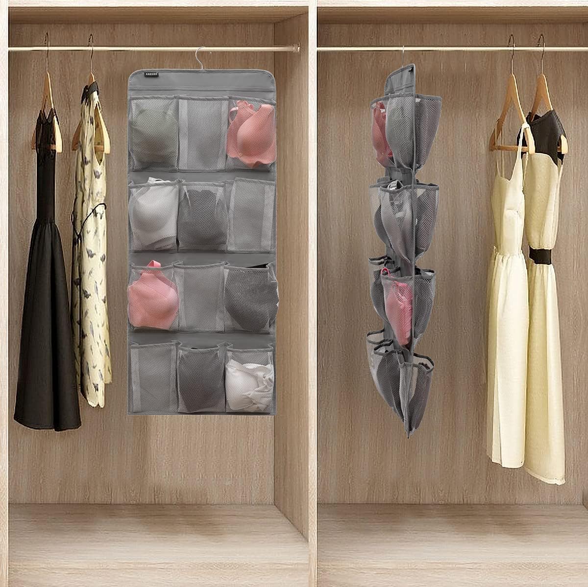 Dual Sided Hanging Shoe Organizer for Closet with Rotating Hanger Hanging Shoe Rack Holder with 24 Large Pockets (Grey-Mesh Pockets)