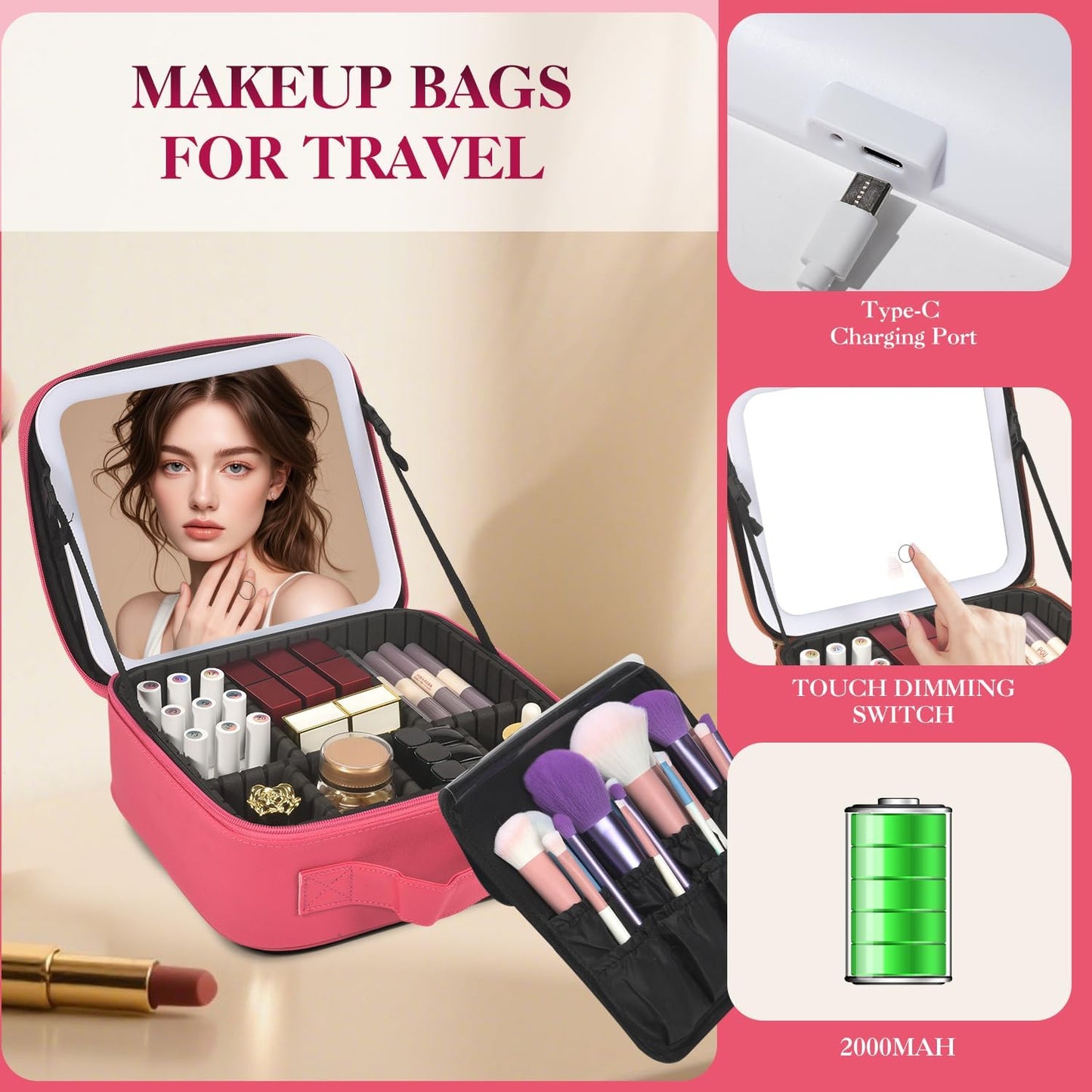 Travel Makeup Bag With LED Mirror,Cosmetic Train Case with 3 Color Setting,Cosmetic Makeup Organizer Bag with Adjustable Dividers,Portable Make up Box with Make up Brushes Holder Storage(Rose)