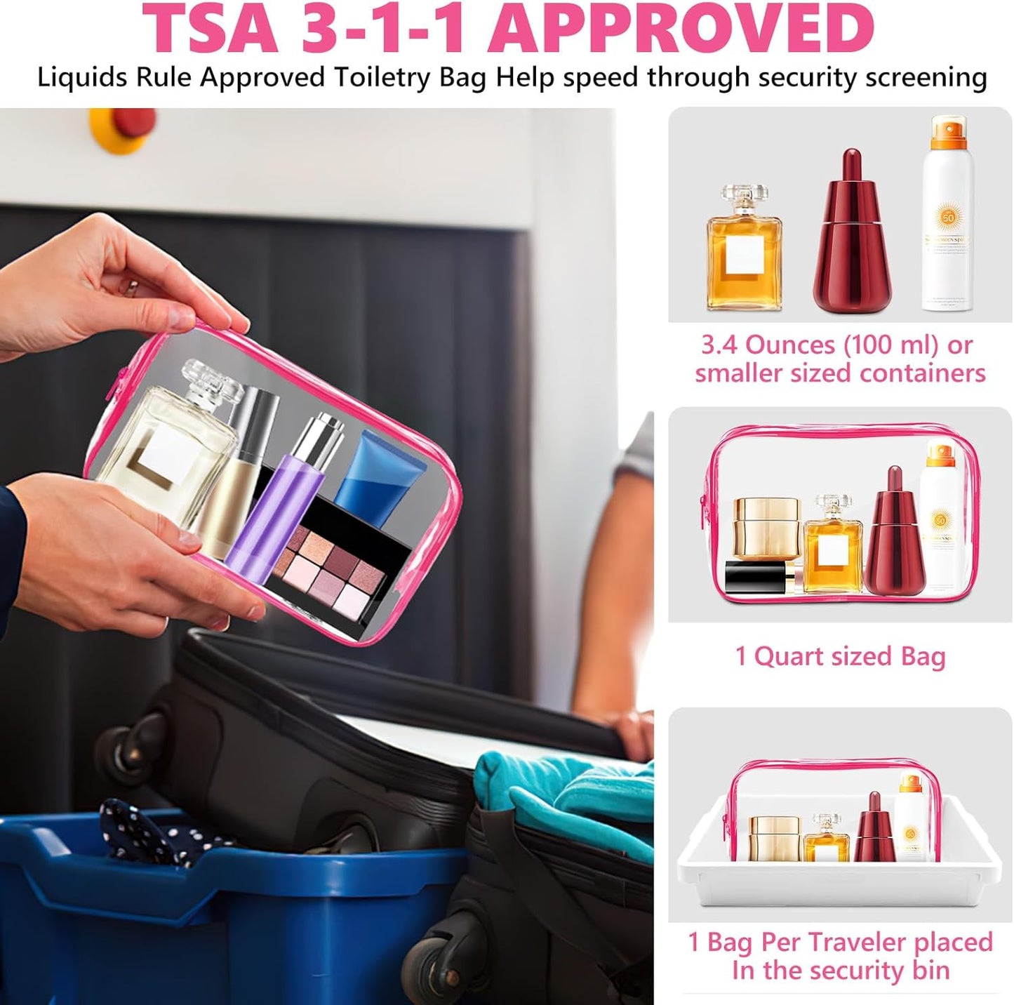 AURUZA 4 Pack Clear Toiletry Bag, Portable Travel Makeup Pouch with Zipper, TSA Approved Organizer, PVC Cosmetic for Airport Airline Compliant