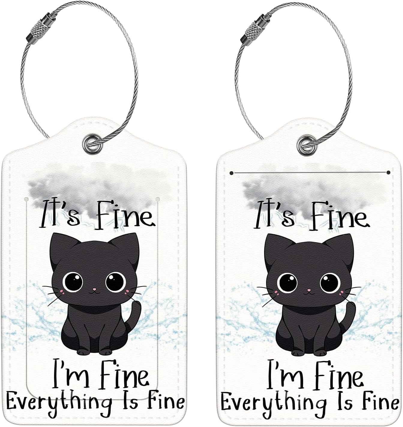 2 Pcs Luggage Tags for Suitcase, Cute Unique PU Leather Travel Bag Tag with Privacy Cover ID Label Address Card and Durable Metal Ring Suitable for Men Women Children Backpack,Cat Under A Dark Cloud