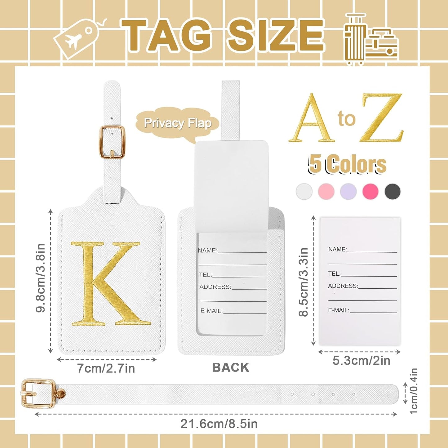 Personalized Initial Luggage Tags for Suitcase TSA Approved, White Leather Cute Luggage Tag with Privacy Cover Name Card, Embroidered Custom Luggage Tags Travel Baggage Tags Gifts for Women Kids(K)