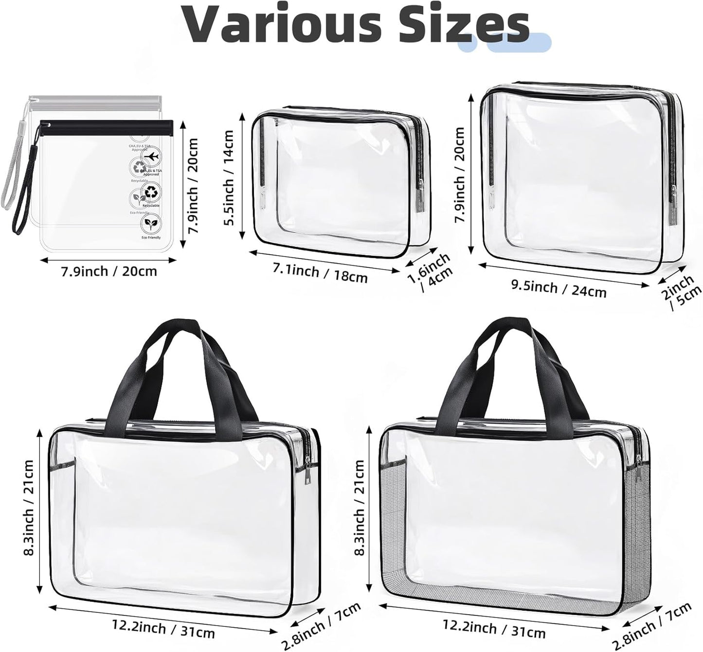 ABSOFINE Clear Toiletry Bag for Travel Size Toiletries, 4 Pack Large Waterproof PVC Makeup Bags with 2 Pack Airport Security Liquids Bags, Travel Essentials toiletry Bottles for Women Girls Men