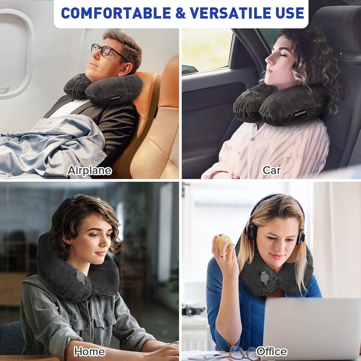 Rewondah Inflatable Travel Pillow, Inflatable Neck Pillow for Traveling Airplane, Travel Pillow with Soft Velour Washable Cover, U Shape Blow Up Neck Pillow for Airplanes Train Car Travel